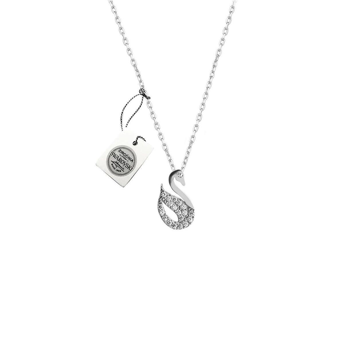 Gümüş Swarovski Taşlı Swan Model Gümüş Kuğu Kolye Kare Kodlu