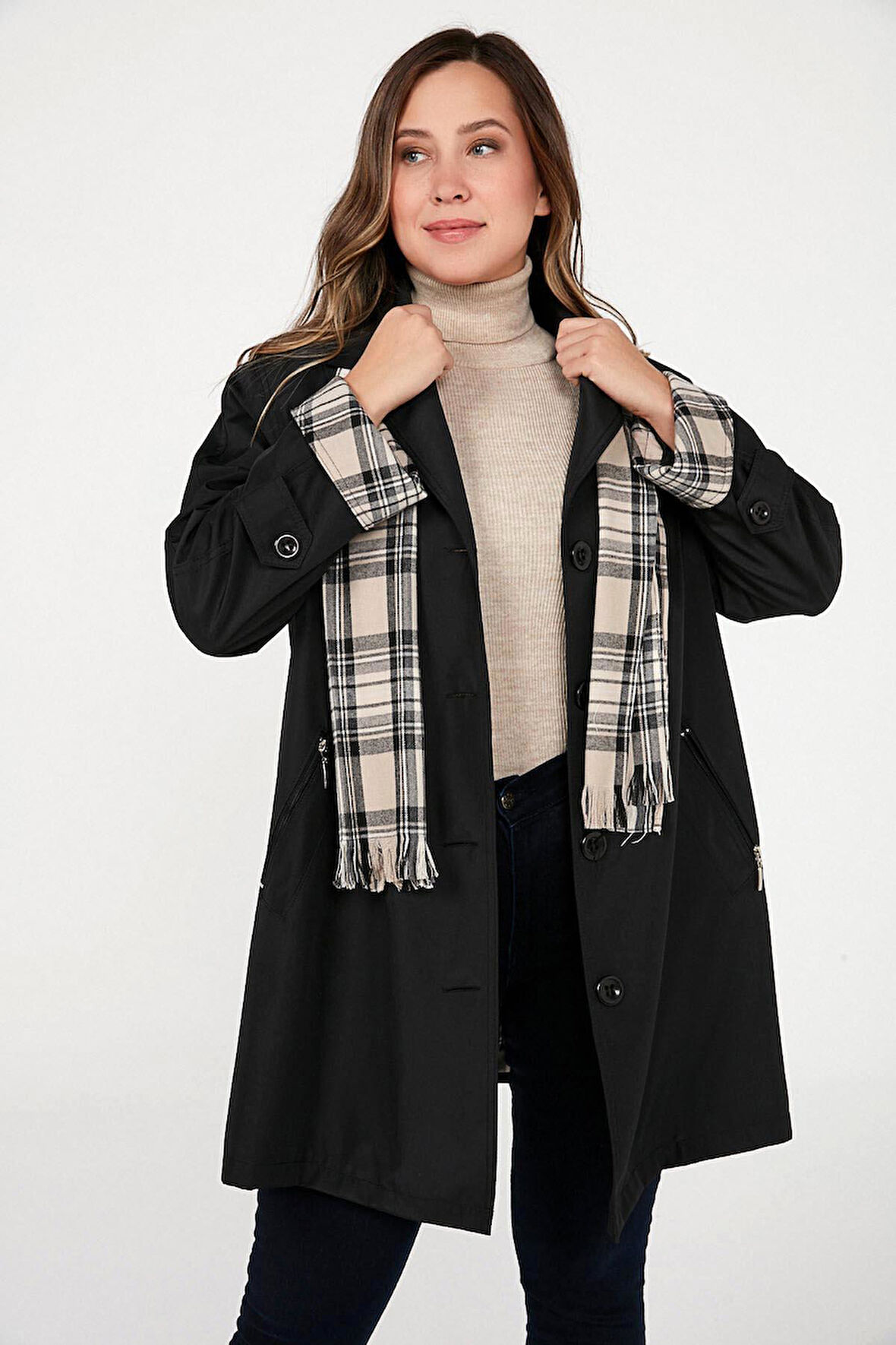 ASTARLI CEBİ FERMUARLI ATKI AKSESUARLI BÜYÜK BEDEN TRENÇKOT BONDİT KABAN