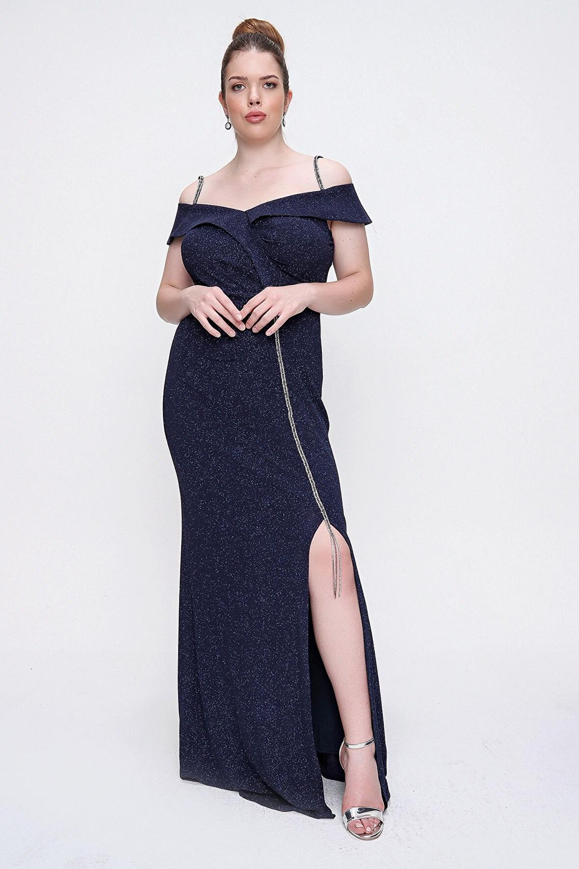 Taşlı İp Askılı Önü Yırtmaçlı Astarlı Büyük Beden Uzun Elbise Lacivert