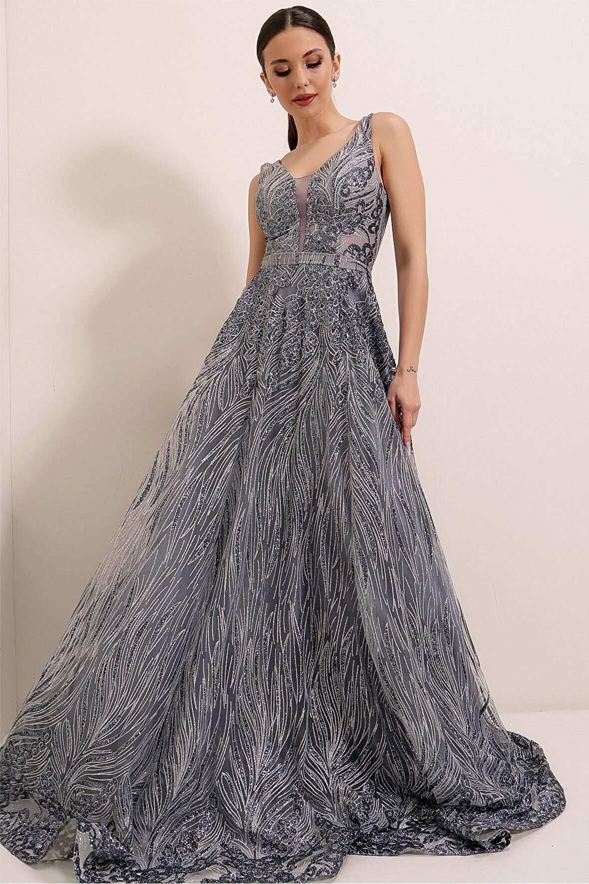 Simli Hayalet Tül Prenses Abiye Gümüş