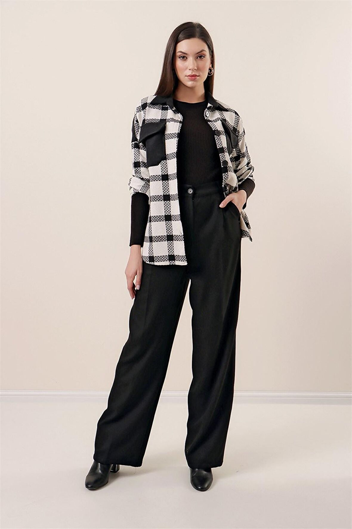 Yandan Cepli Yün Efektli Palazzo Pantolon Siyah