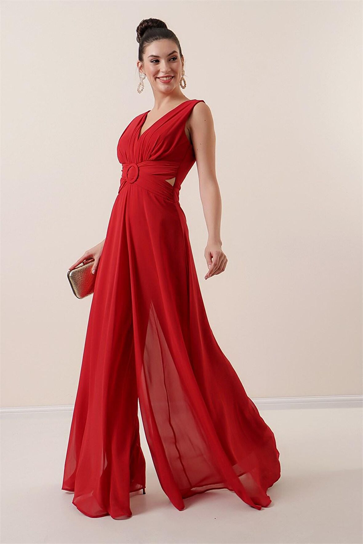 Bel Dekolteli Ön Arka V Yaka Astarlı Şifon Tulum Kırmızı