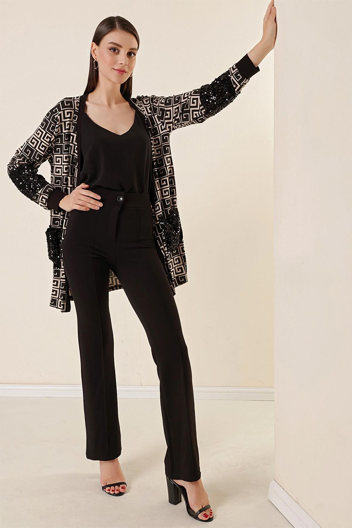 Yüksek Bel Örme Krep Çımalı Palazzo Pantolon Siyah