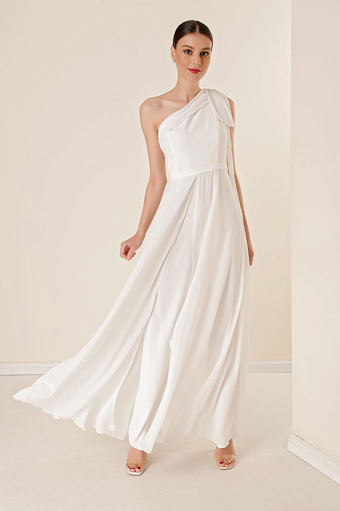 Pulpayet Yaka Tek Omuzlu Üstü Şifon Krep Tulum