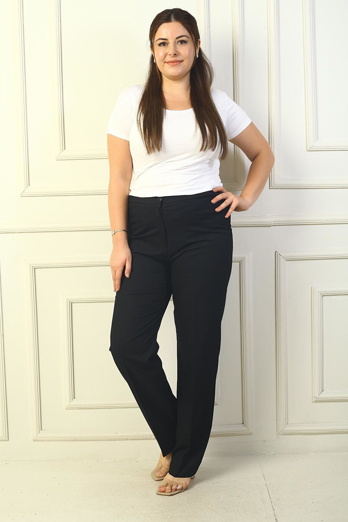 Yanları Lastikli İthal Krep Büyük Beden Pantolon