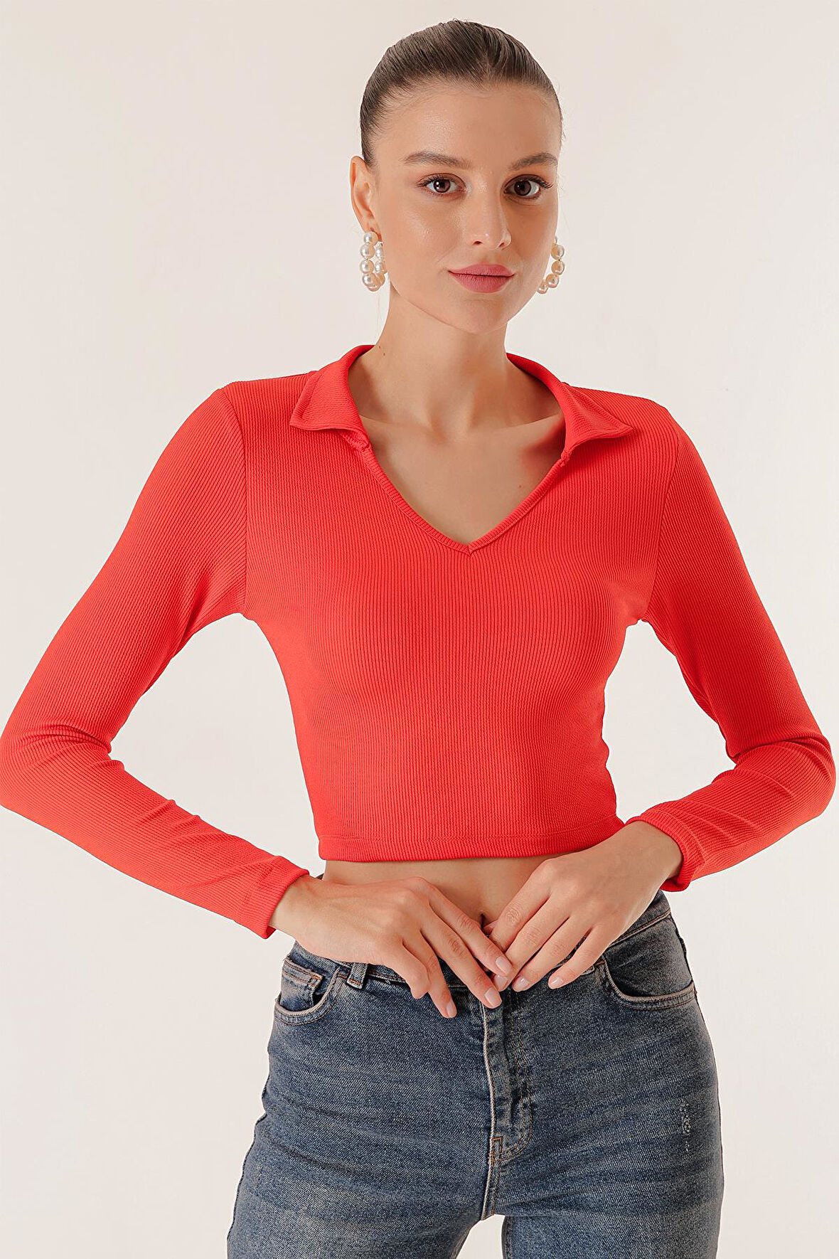 Polo Yaka Kaşkorse Crop Bluz