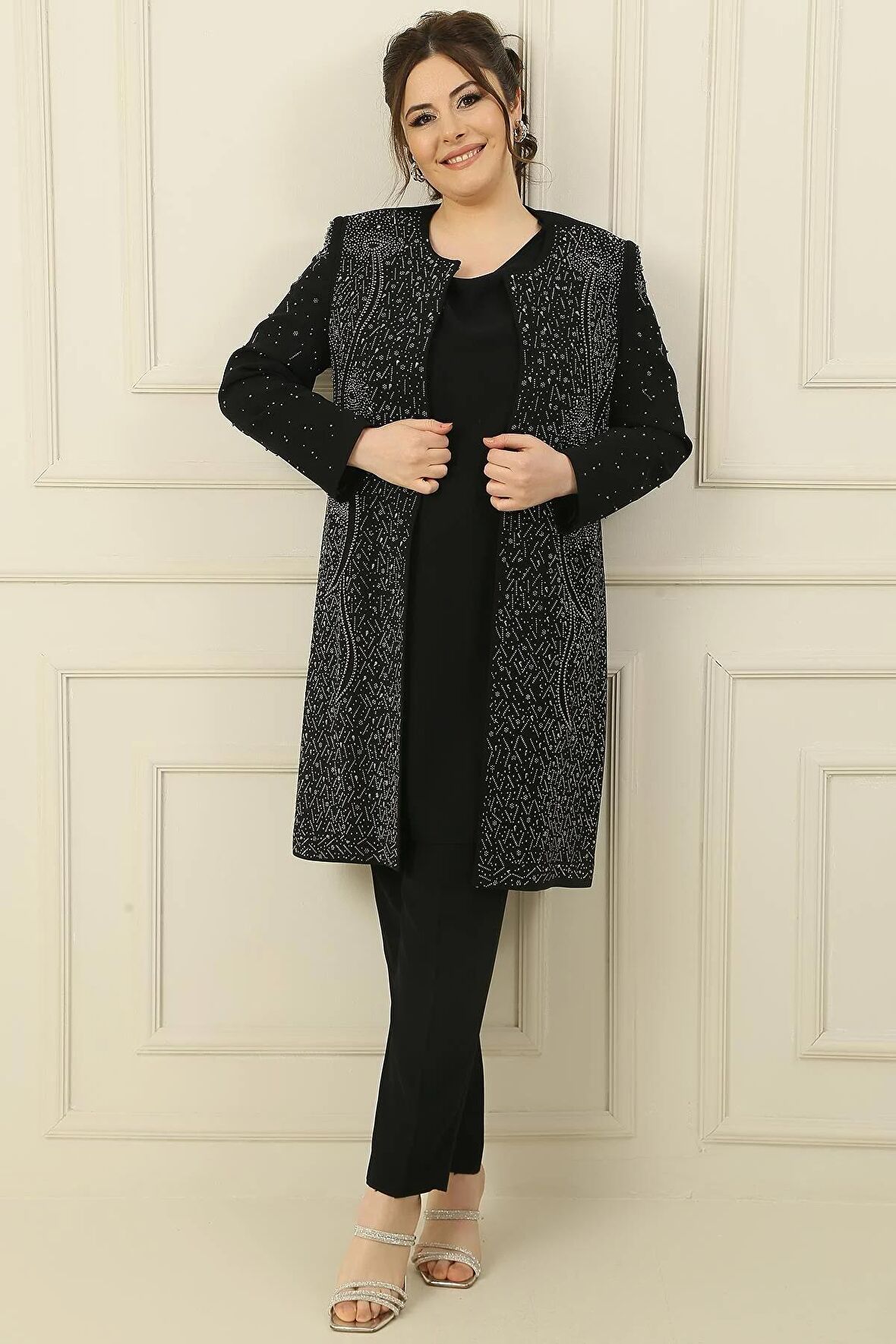 İçi Kolsuz Bluz Taş Baskılı Astarlı Uzun Ceket dar Paça Pantolon Büyük Beden 3'lü Takım