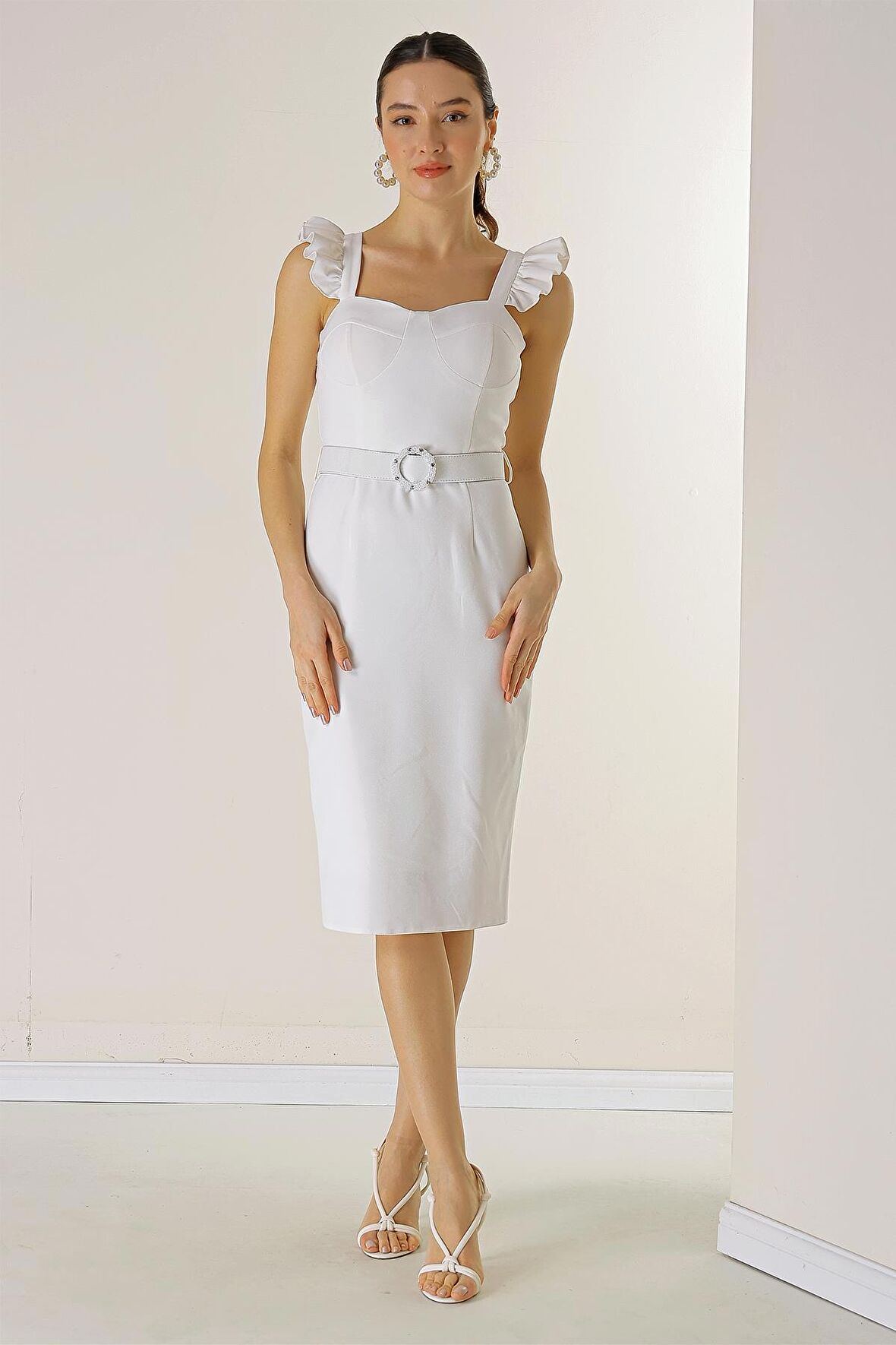 Askıları Fırfırlı Glop Detaylı Astarllı Beli Kemerli Krep Elbise