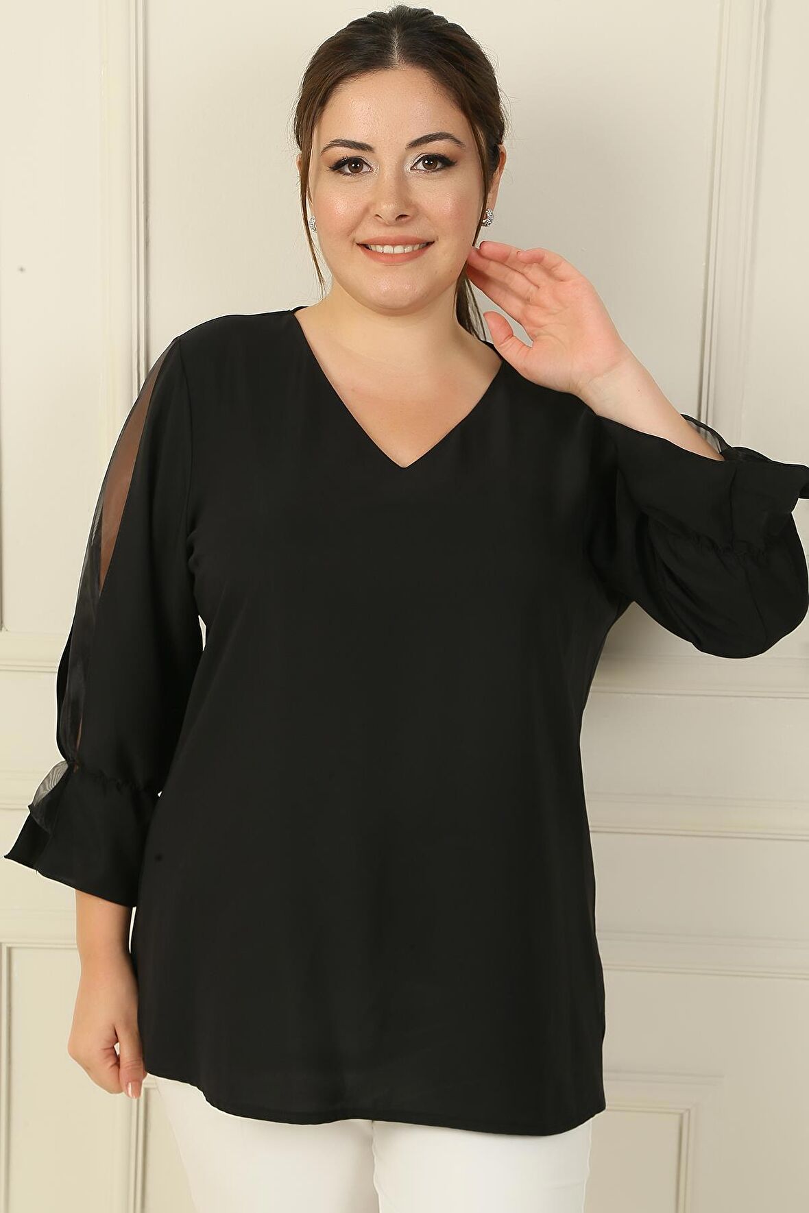 V Yaka Yarı Organze Krep B.B. Bluz