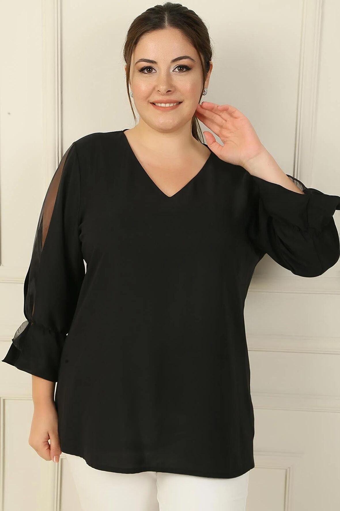 V Yaka Yarı Organze Krep B.B. Bluz