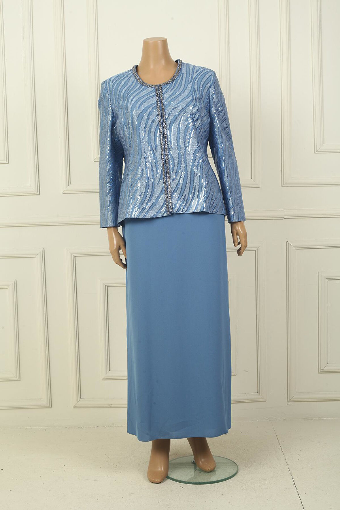 Pulpayet Ceket Yarım Ay Kollu Astarlı Krep Elbise Büyük Beden 2'li Takım