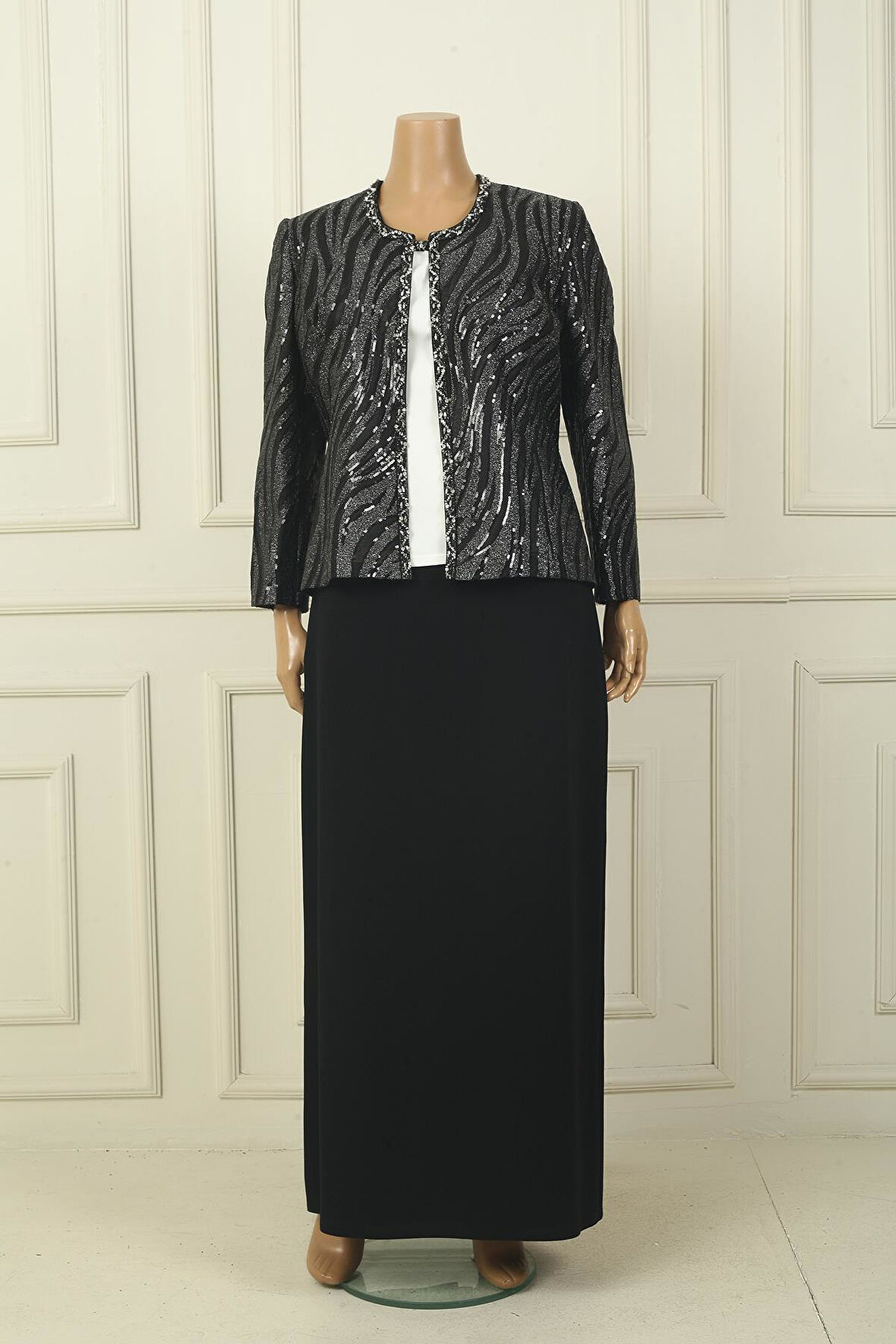 Kadın Pulpayet Ceket Yarım Ay Kollu Bluz Astarlı Krep Uzun Etek Büyük Beden 3'lü Takım