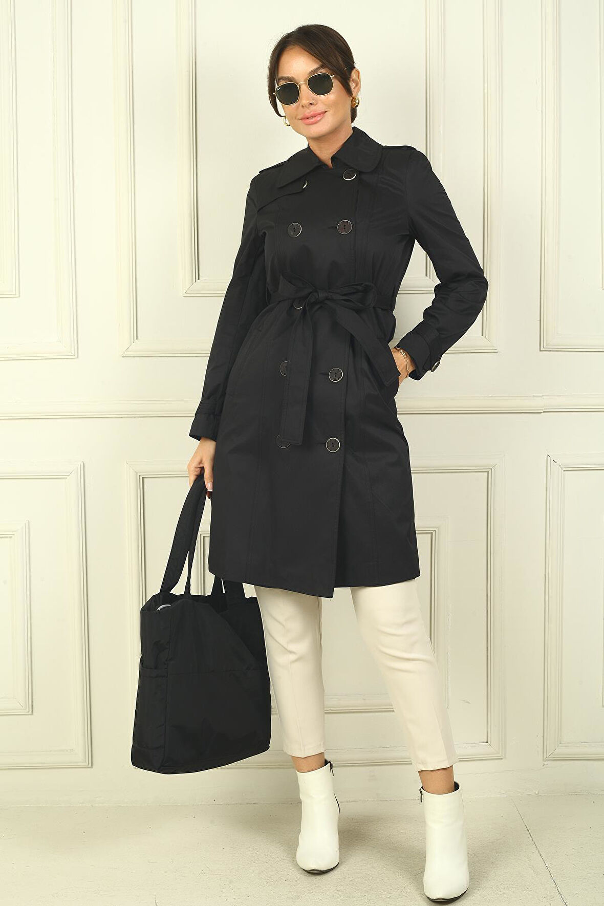 Kadın Önü Düğmeli Beli Kuşaklı Cepli Pardesü