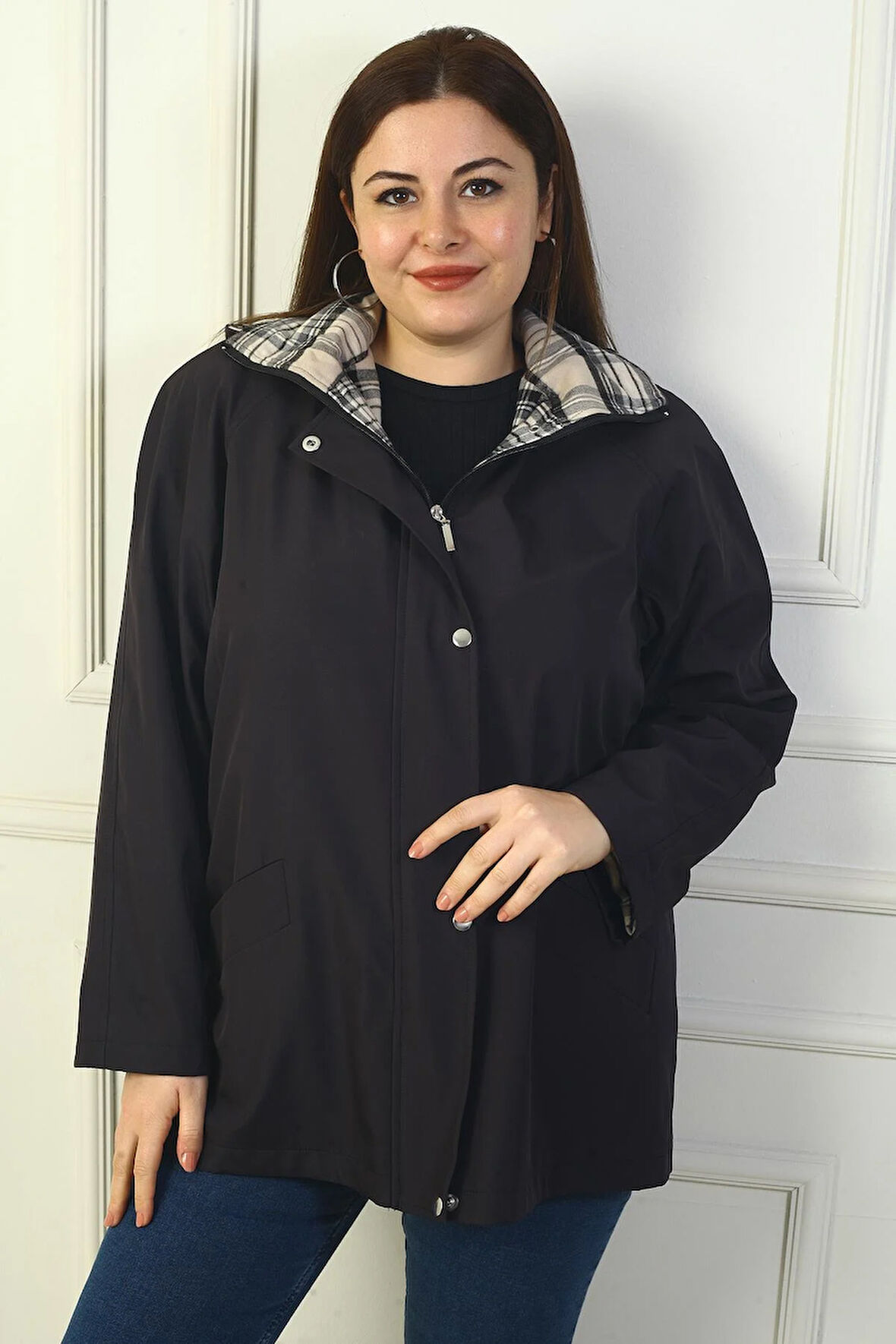 Kadın Önü Çıtçıtlı Fermuarlı Kapşonlu Büyük Beden Trençkot Kaban