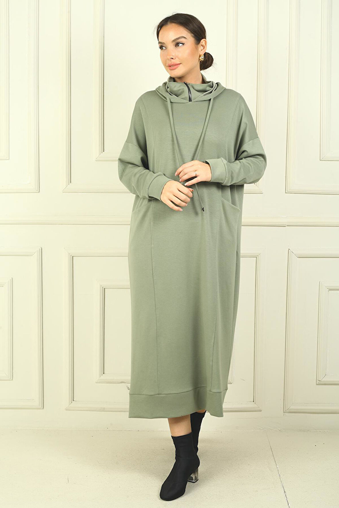 Kadın Yaka Fermuarlı Kapüşonlu Torba Cepli Rahat Kalıp Oysho Uzun  Elbise