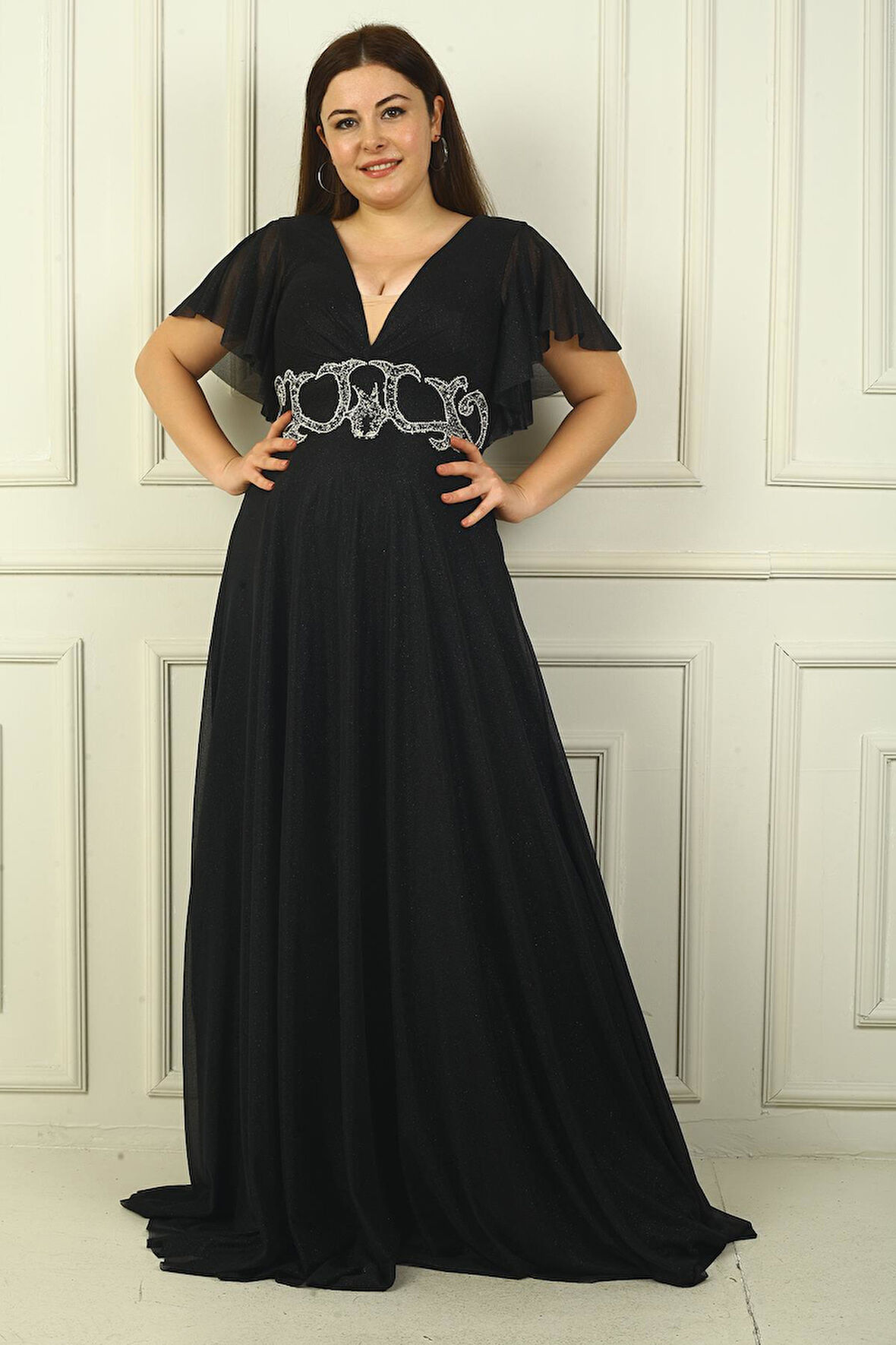 Kadın Ön Arka V Yaka Beli Taş İşlemeli Astarlı Simli Büyük Beden Abiye Elbise