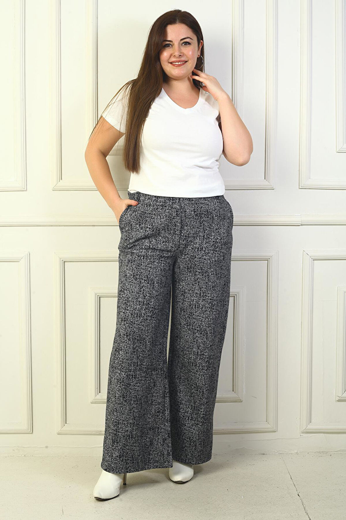 Kadın Beli Lastiki Cepli Karyağdı B.üyük Beden Palazzo Pantolon