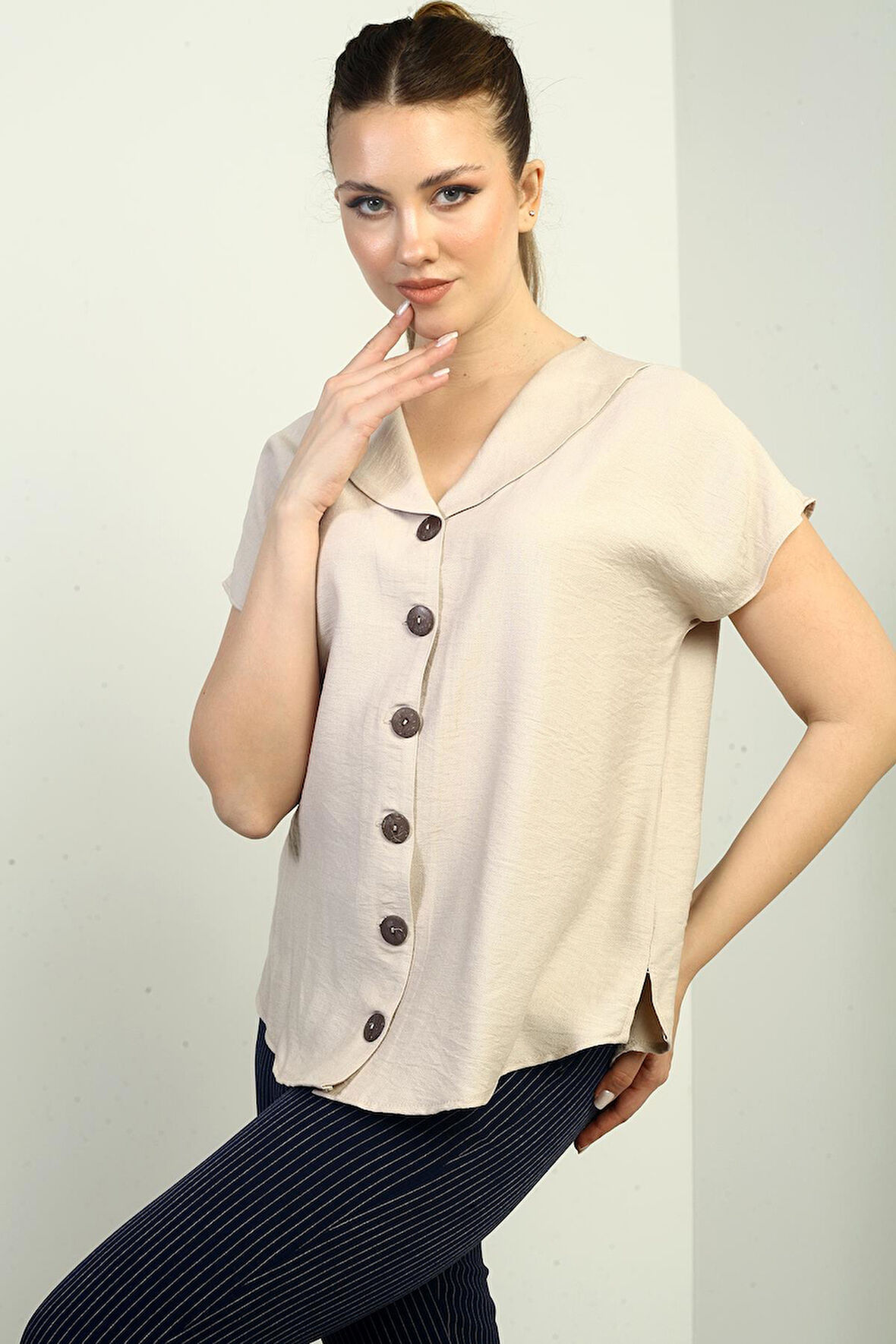 Kadın Şal Yaka Oversize Gömlek