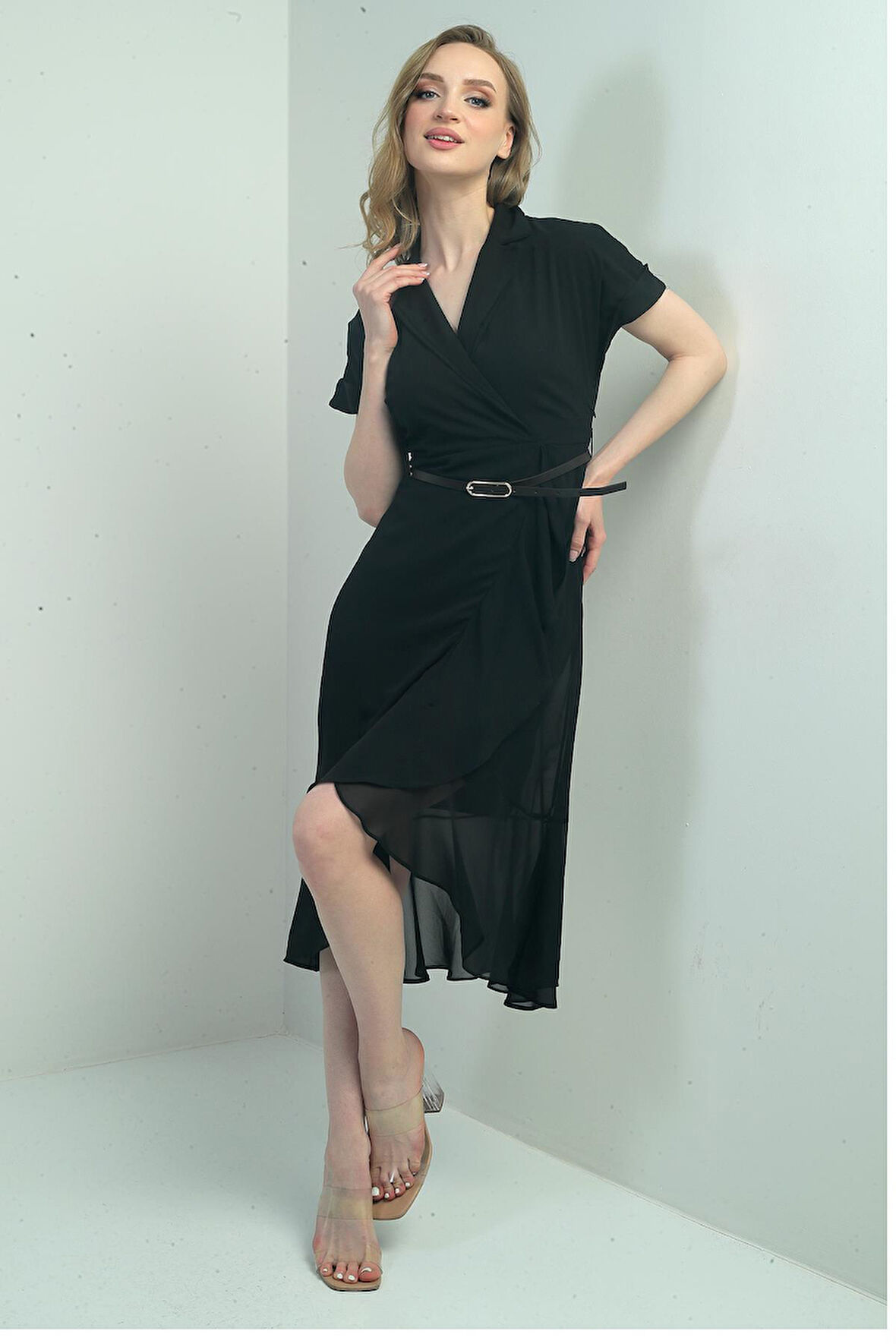 Kadın Kruvaze Yaka Astarlı Önü Volanlı Şifon Elbise