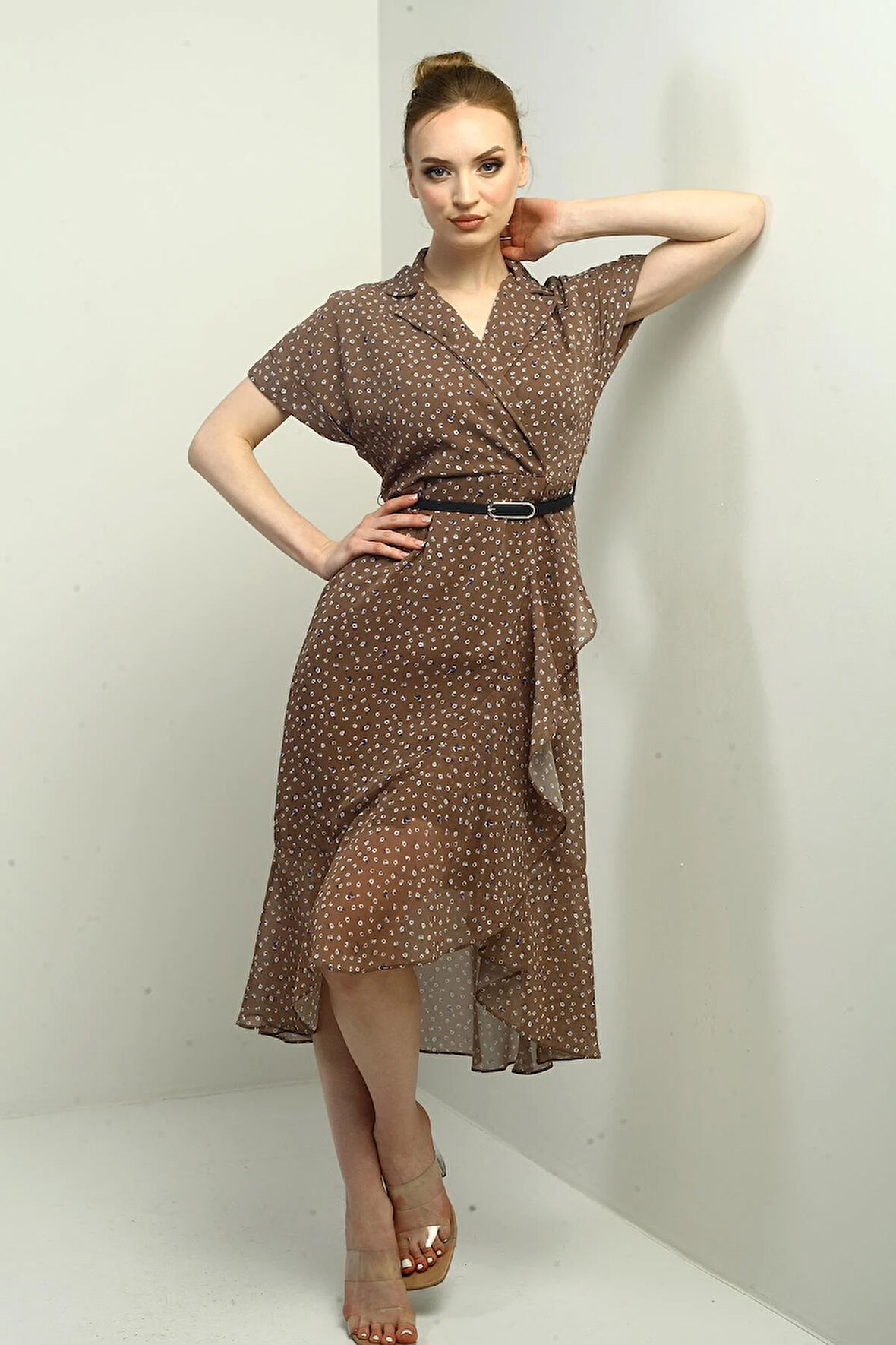 Kadın Kruvaze Yaka Astarlı Çıtır Desen Önü Volanlı Şifon Elbise