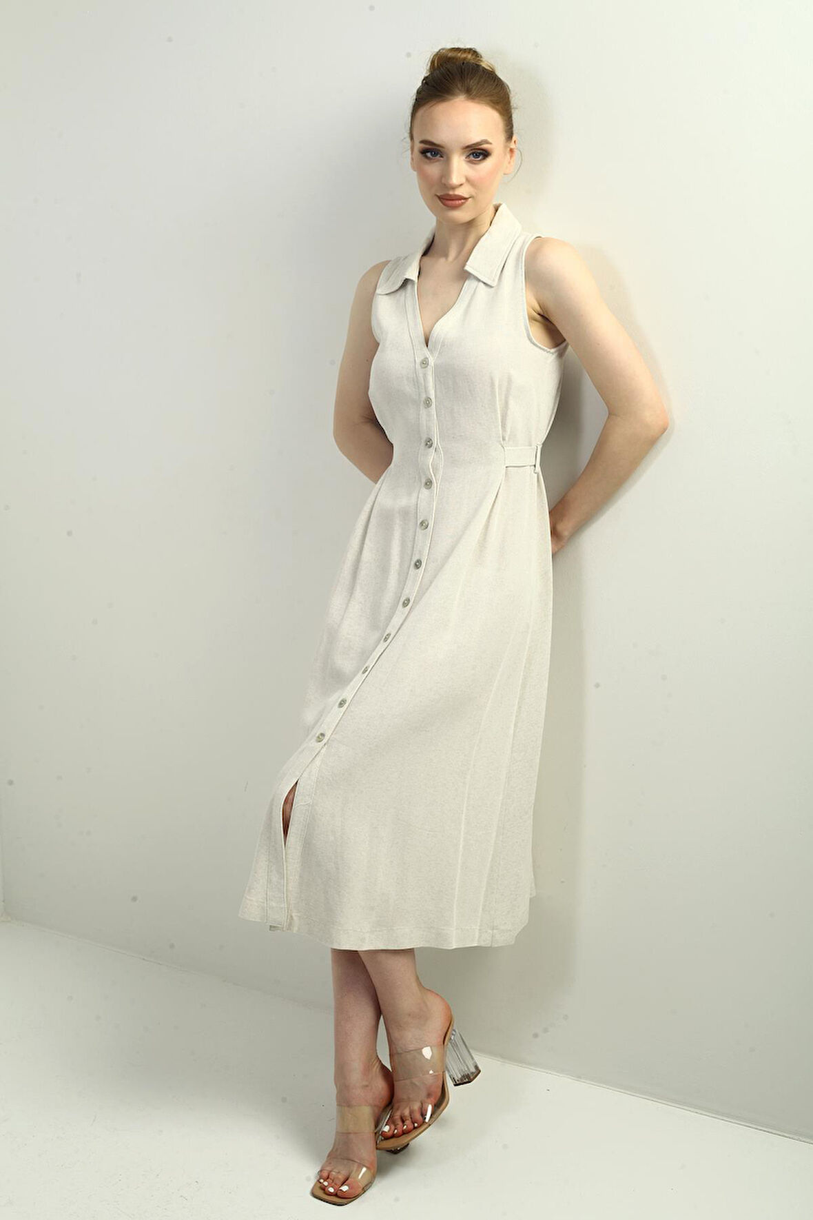 Kadın Polo Yaka Ön Pile Düğme Detaylı Midi Keten Elbise