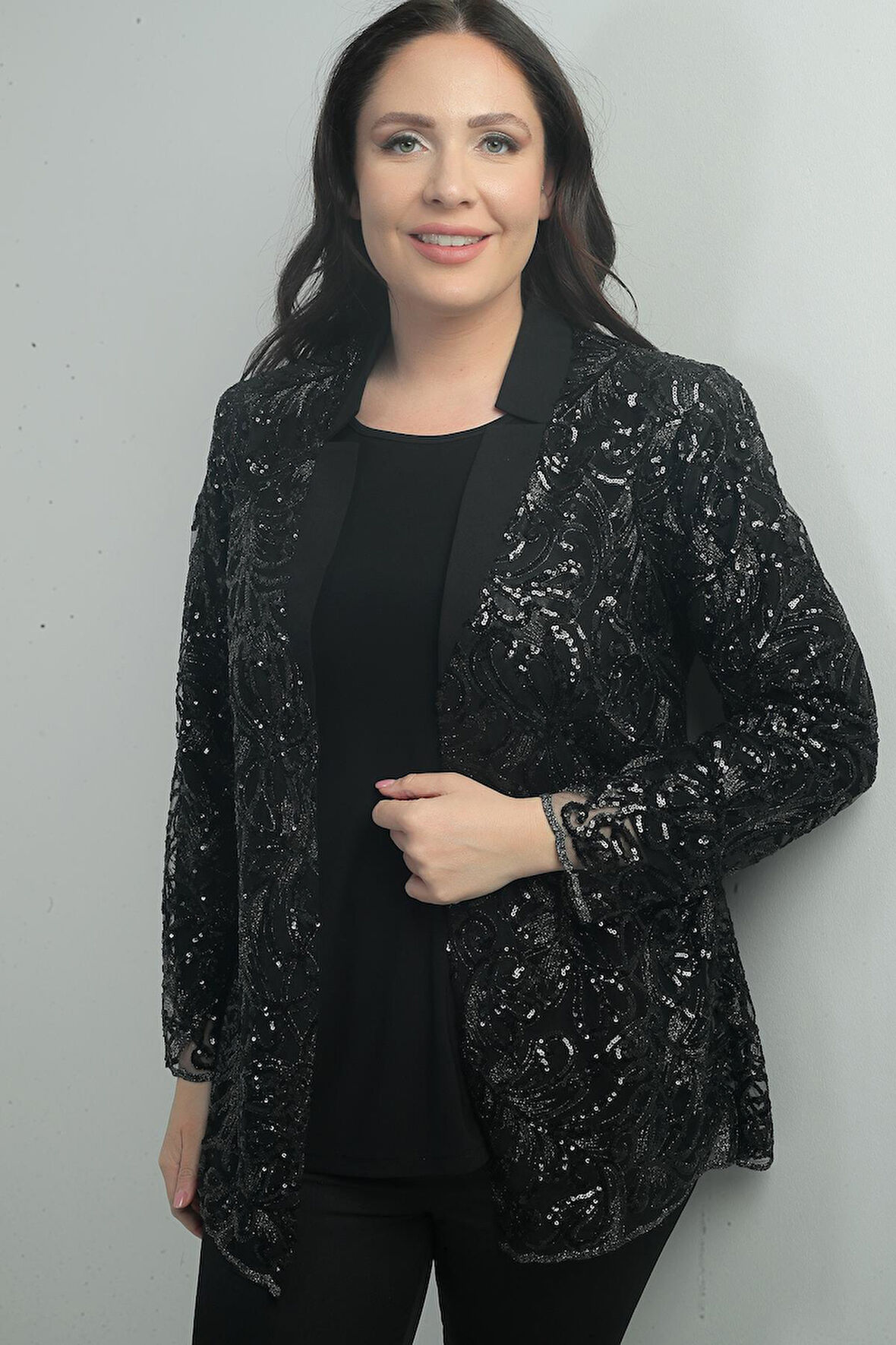 Kadın Pullu Tül Ceket Likralı Uzun Kol Bluz Büyük Beden 2'li Takım