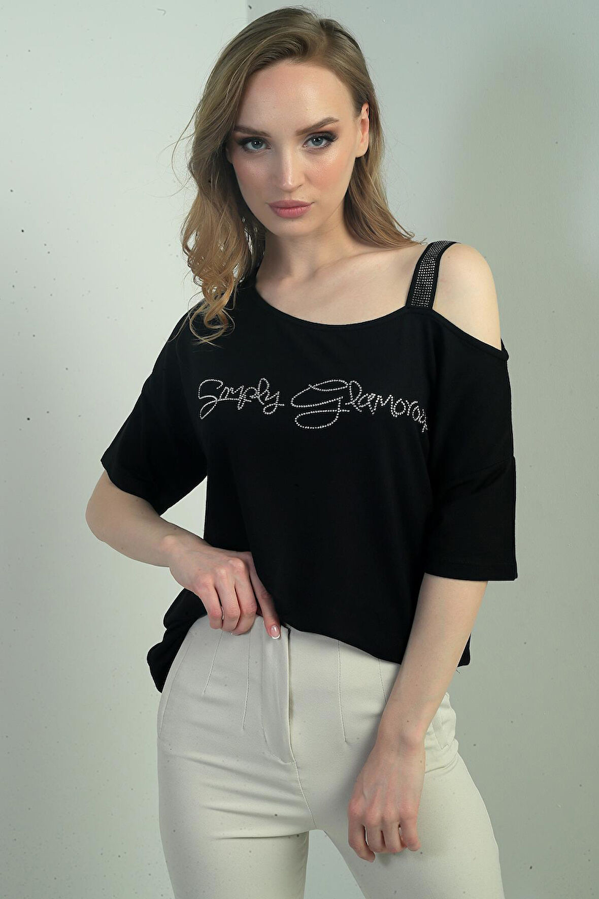 Kadın Taş Detaylı Tek Askılı Bluz