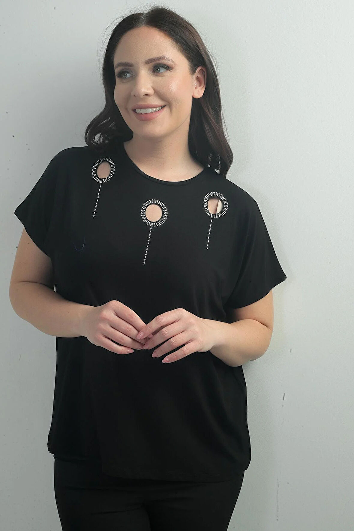 Kadın Omuzu Taş Baskılı Bisiklet Yaka Yarasa Kol B.B. Bluz