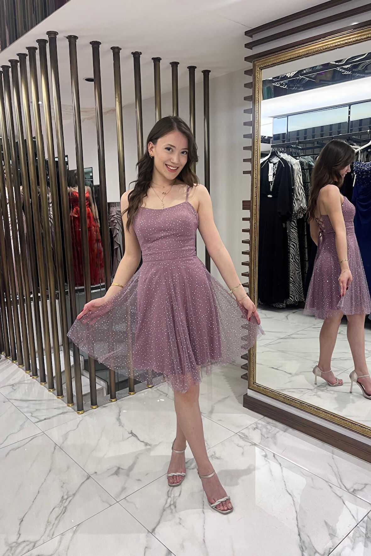 Kadın İp Askılı Arkadan Bağcıklı Astarlı Taşlı Kısa Tül Elbise