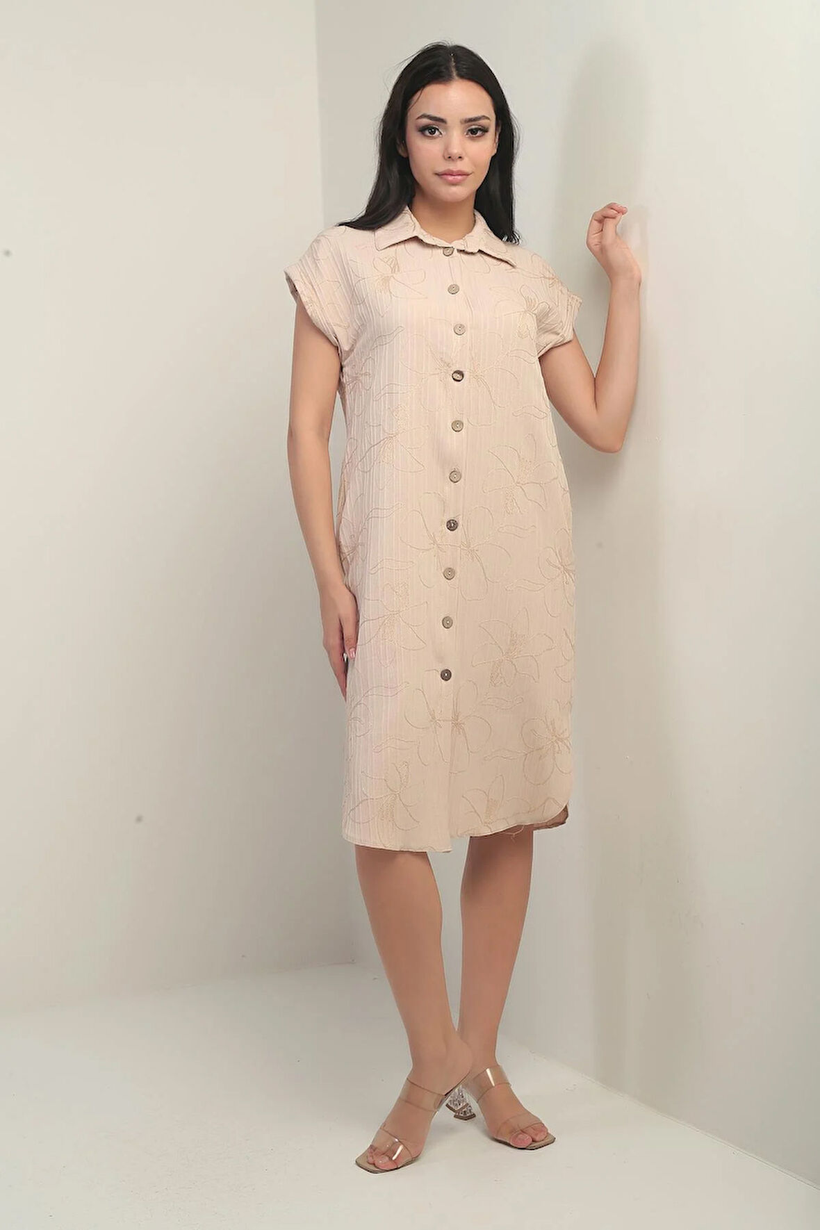 Kadın Yanları Yırtmaçlı Kısa kollu Kordeneli Cepli Gömlek Elbise