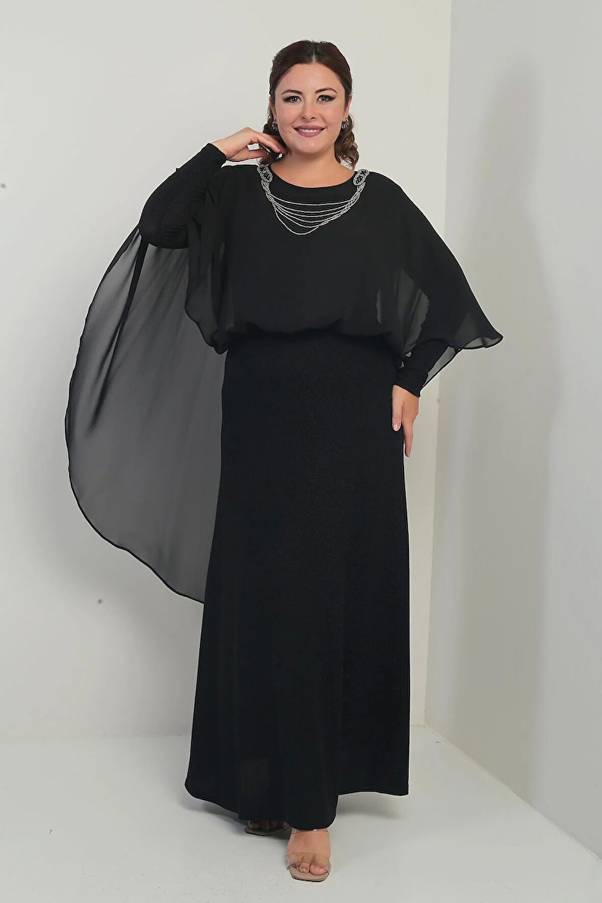 Kadın Üstü Zincirli Şifon Altı Simli Astarlı Büyük Beden Tesettür Uzun Elbise