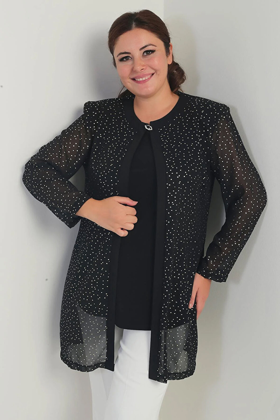 Kadın Uzun Kollu Likralı Bluz Yaldızlı Benek Baskılı Şifon Ceket Büyük Beden 2'li Takım