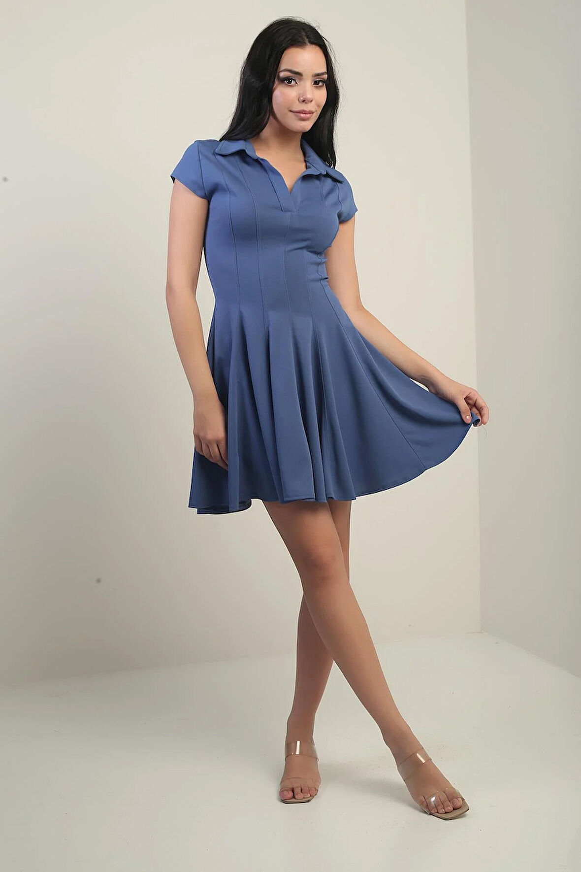 Kadın Polo Yaka Ay Kollu Likralı Kloş Kısa Elbise