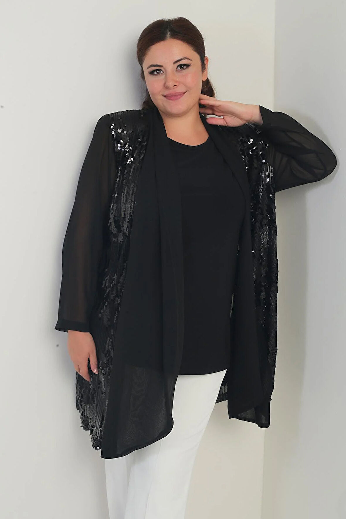 Kadın Yuvarlak Yaka Likralı Bluz Pulpayet Şifon Ceket Büyük Beden 2'li Takım