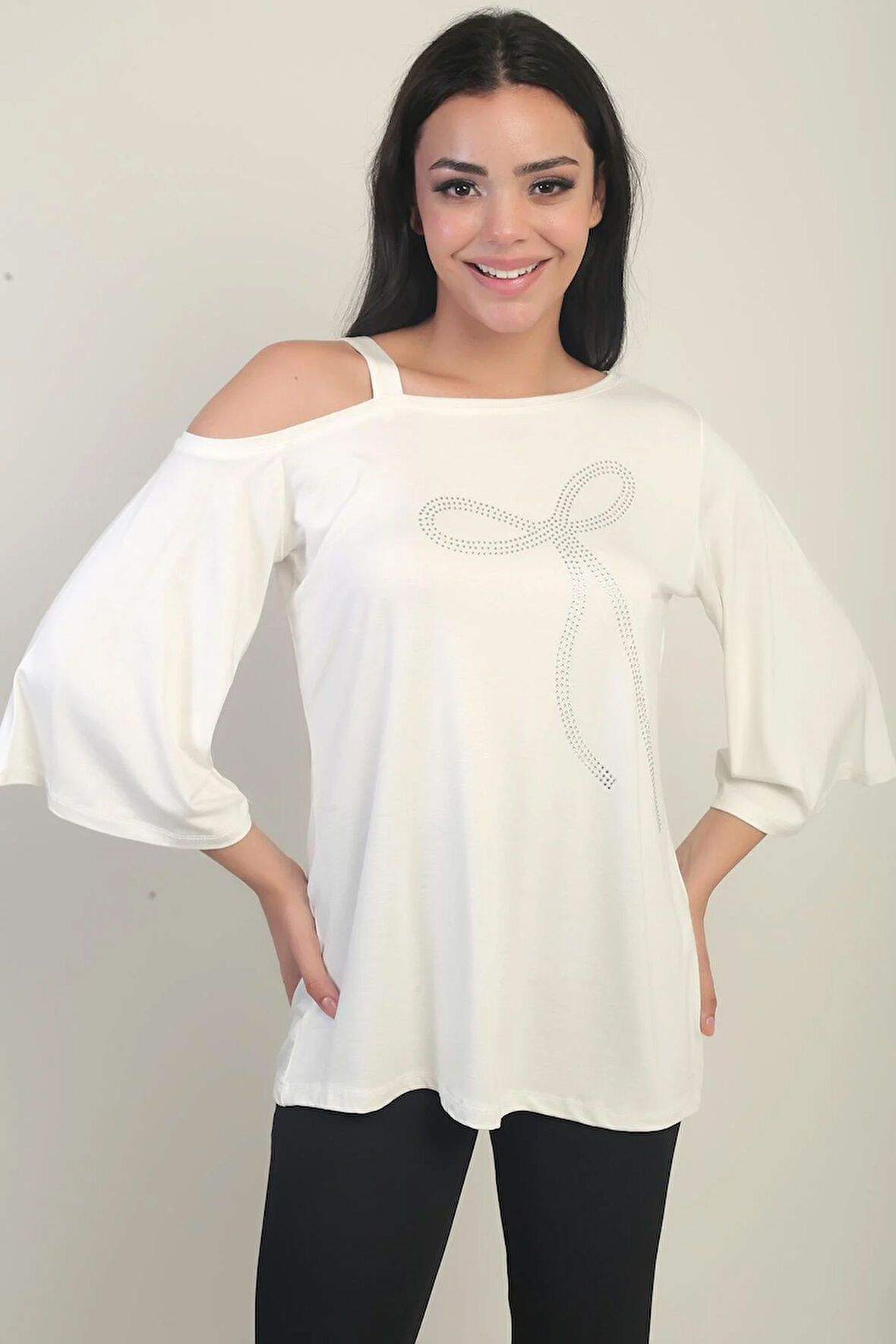 Kadın Tek Omuzlu Fiyonk Taş Baskılı Likralı Bluz