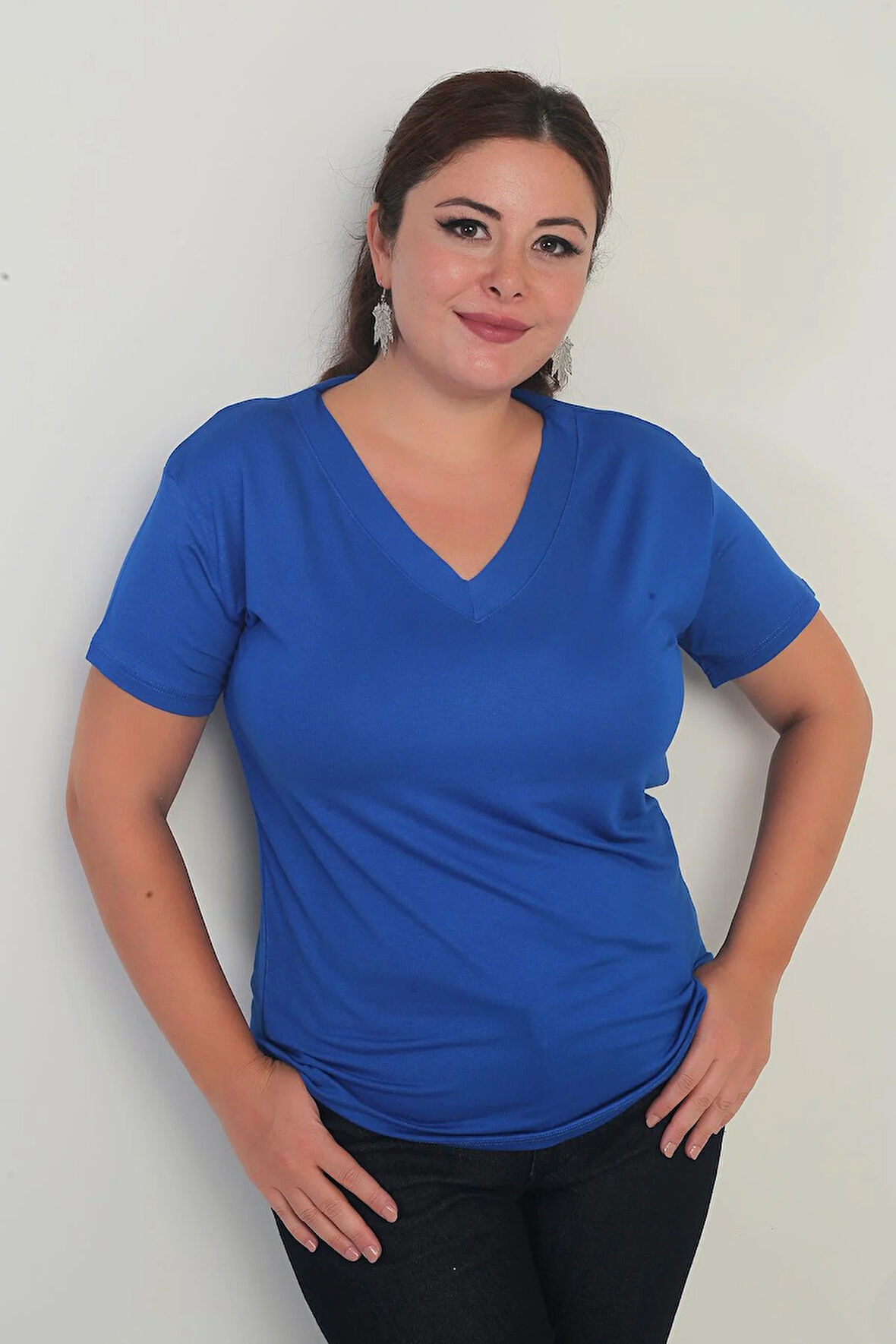 Kadın V Yaka Likralı Büyük Beden Bluz