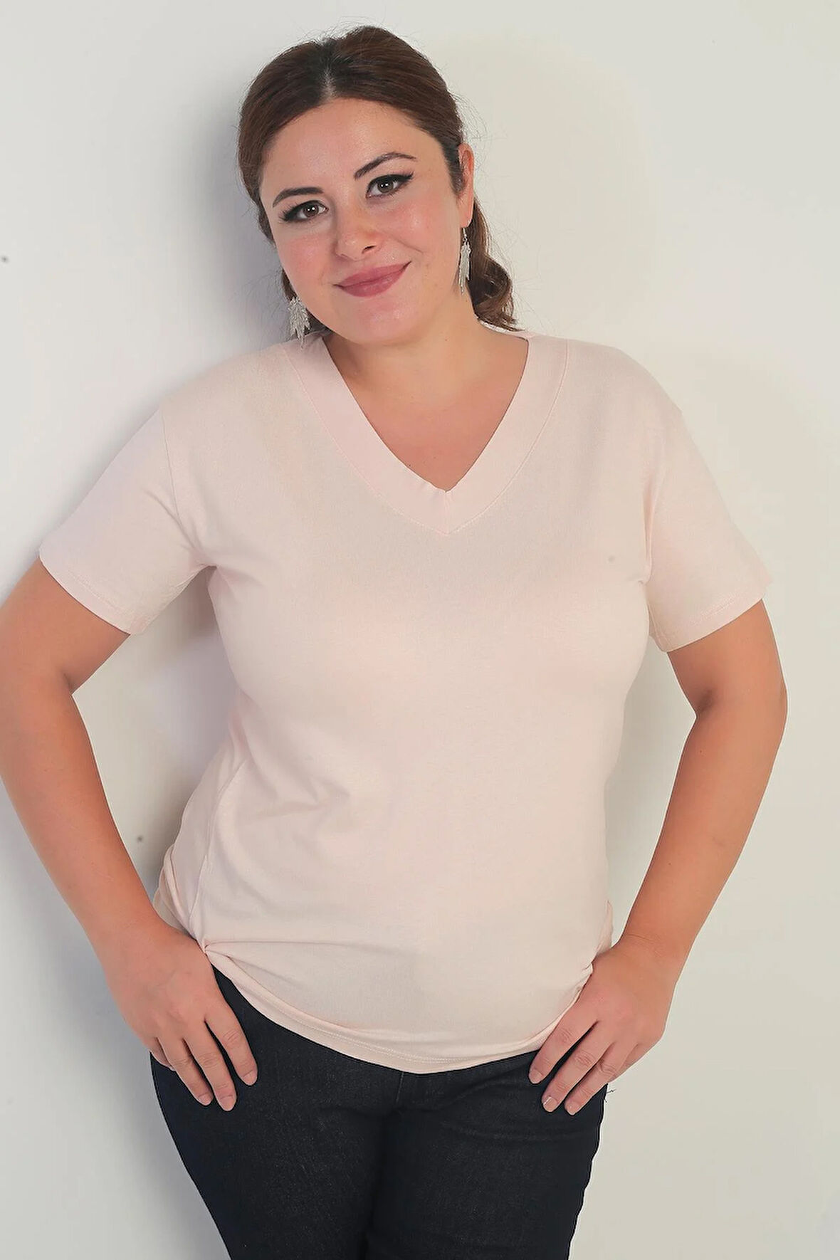 Kadın V Yaka Likralı Büyük Beden Bluz