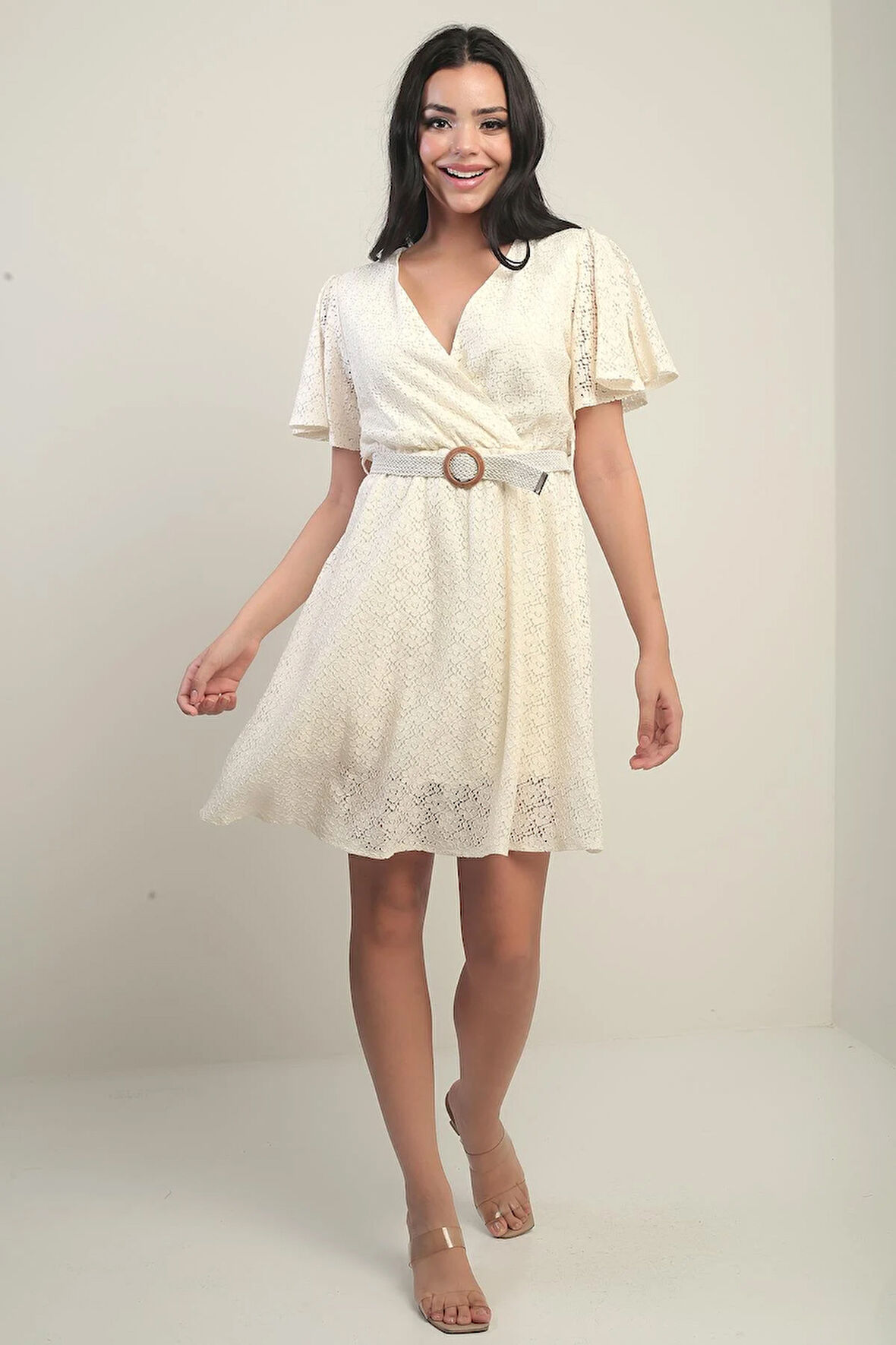 Kruvaze Yaka Beli Kemerli Astarlı Kol Volanlı Yırtmaçlı Dantel Elbise