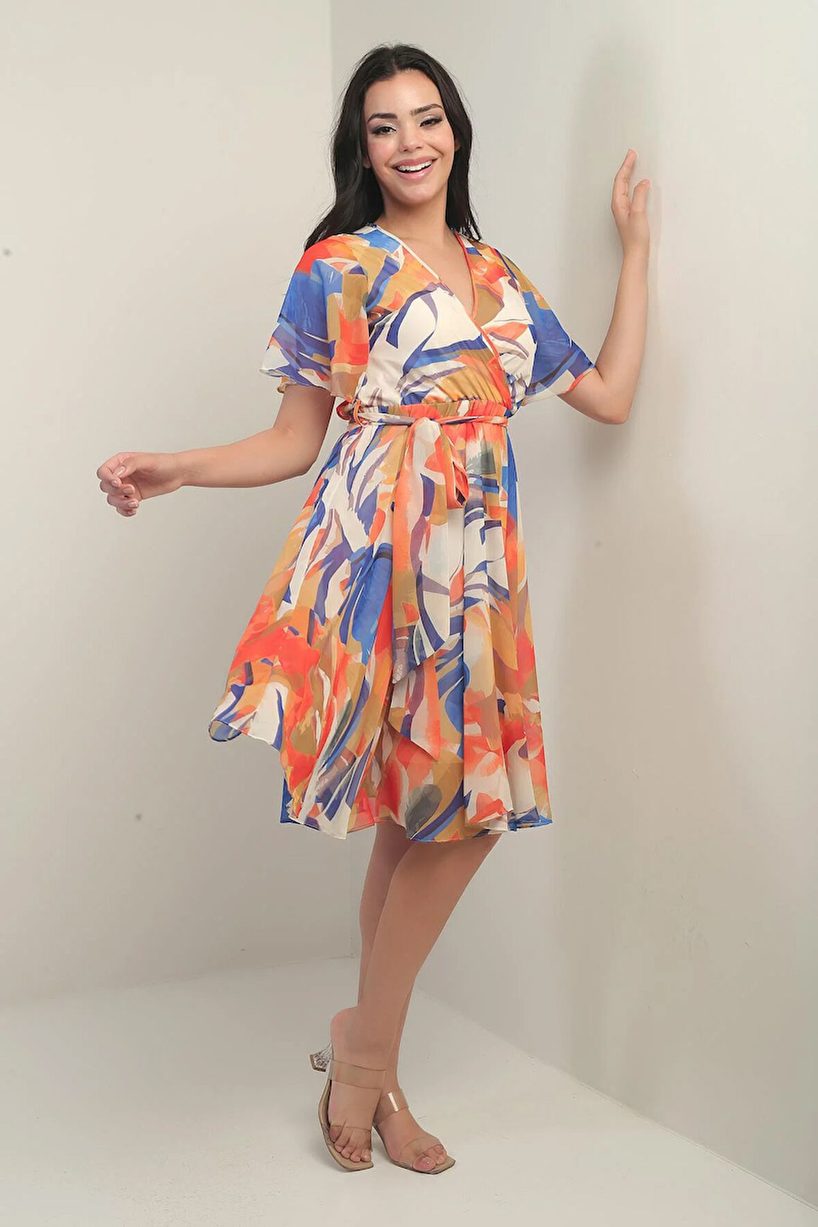 Kadın Kruvaze Yaka Beli Kuşaklı Astarlı Kardelen Şifon Elbise