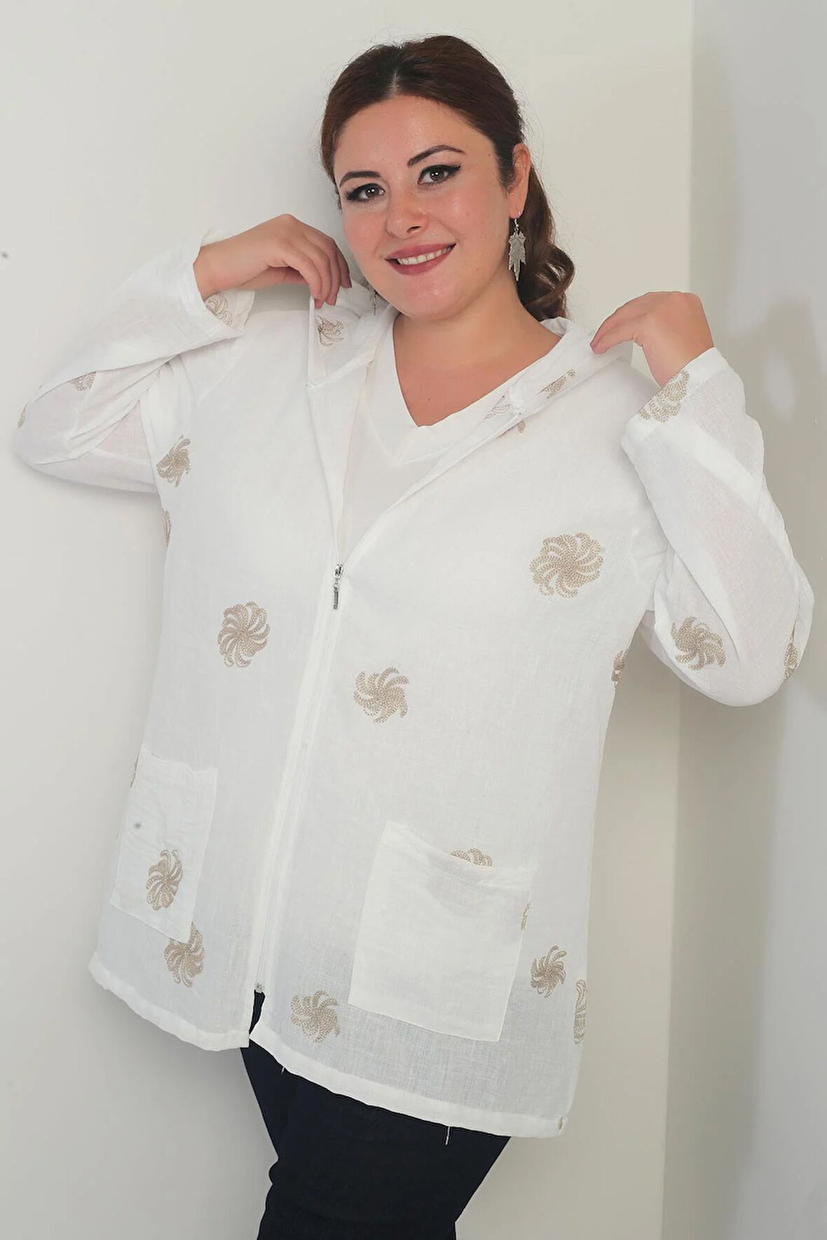 Kapüşonlu Torba Cepli Sim İşlemeli Sarmal  Desen Yıkamalı Fermuarlı Büyük Beden Ceket