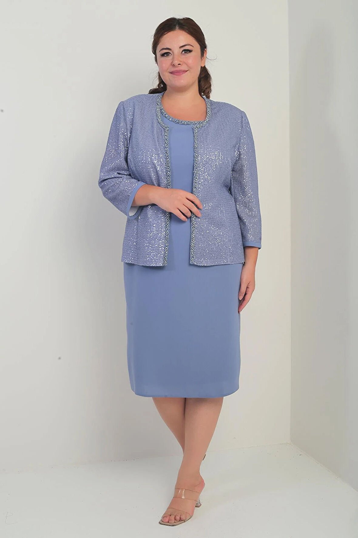 Kadın Kolsuz Astarlı Elbise Pul İşlemeli Ceket Taş Detaylı Büyük Beden 2'li Takım