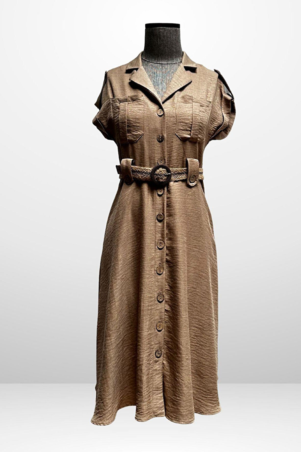 Kadın Yakalı Düşük Omuz Çift Cepli Kemerli Keten Efektli Elbise