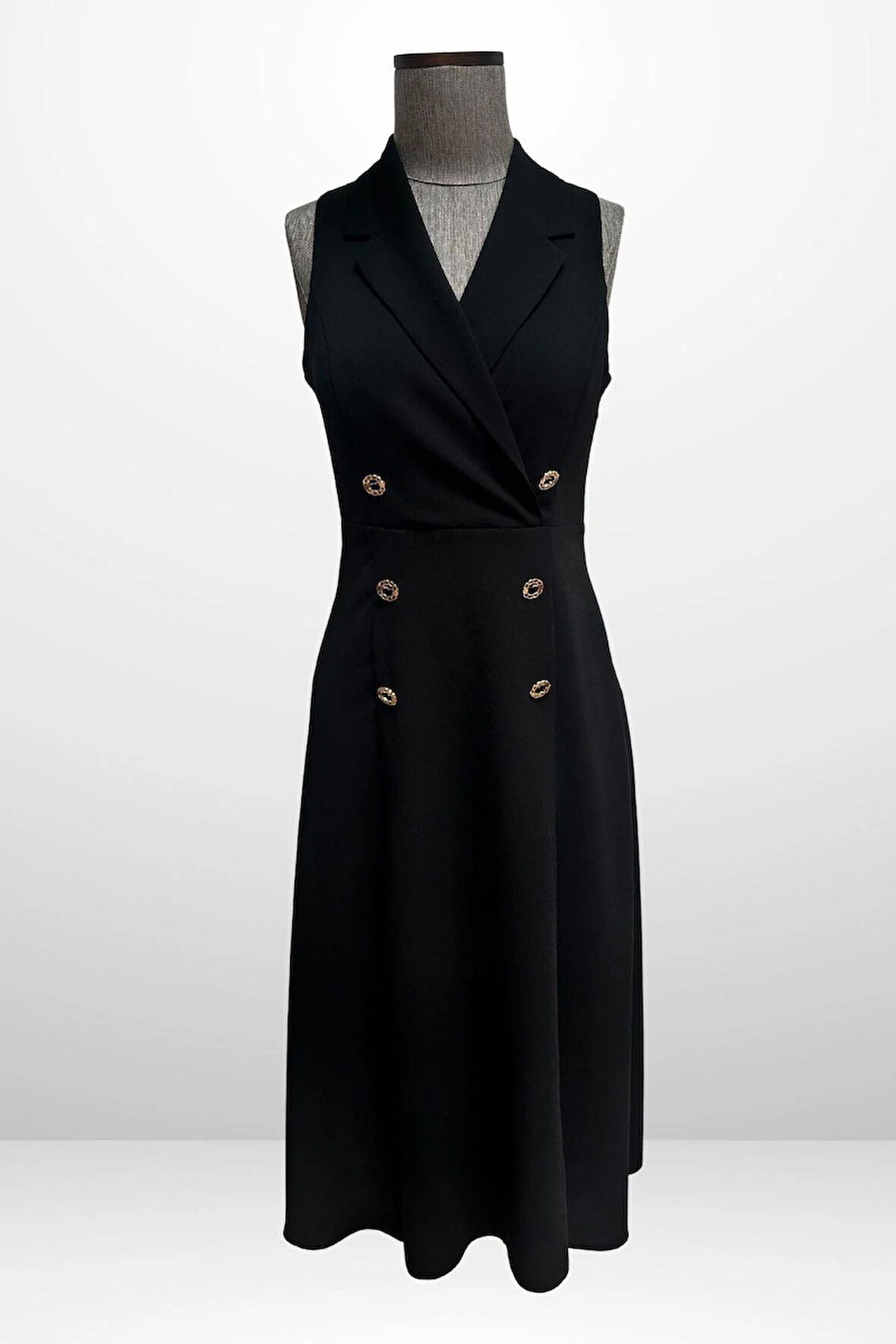 Kadın Kruvaze Yaka Astarlı Çift Yırtmaçlı Düğme Detaylı Midi Krep Elbise