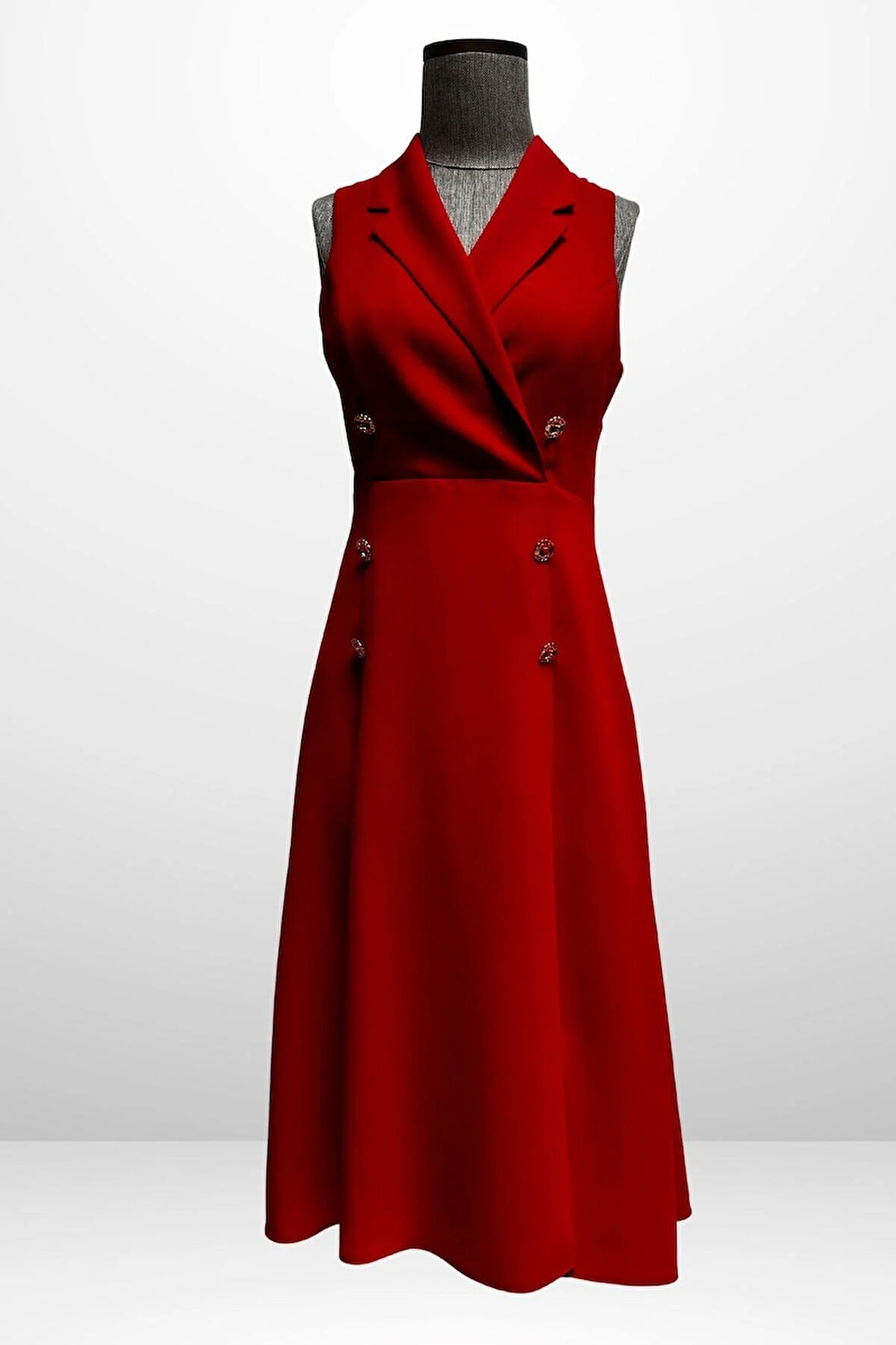 Kadın Kruvaze Yaka Astarlı Çift Yırtmaçlı Düğme Detaylı Midi Krep Elbise