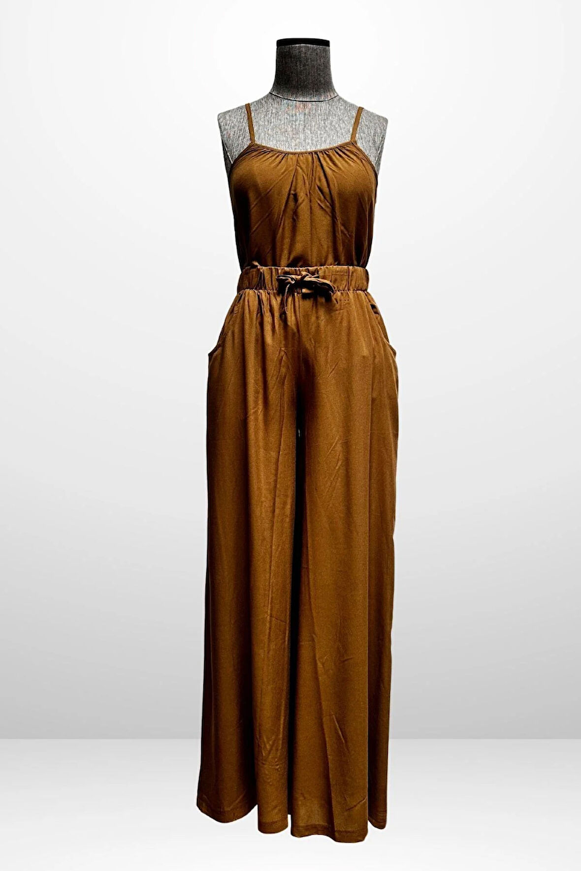 Kadın İp Askılı Bluz Beli Lastikli Cepli Palazzo Pantolon 2'li Takım