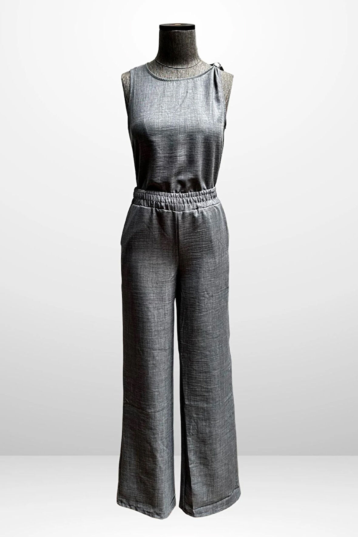 Kadın  Toka Detaylı Eteği Asimetrik Bluz Beli Lastikli Cepli Palazzo Pantolon Keten 2'li Takım