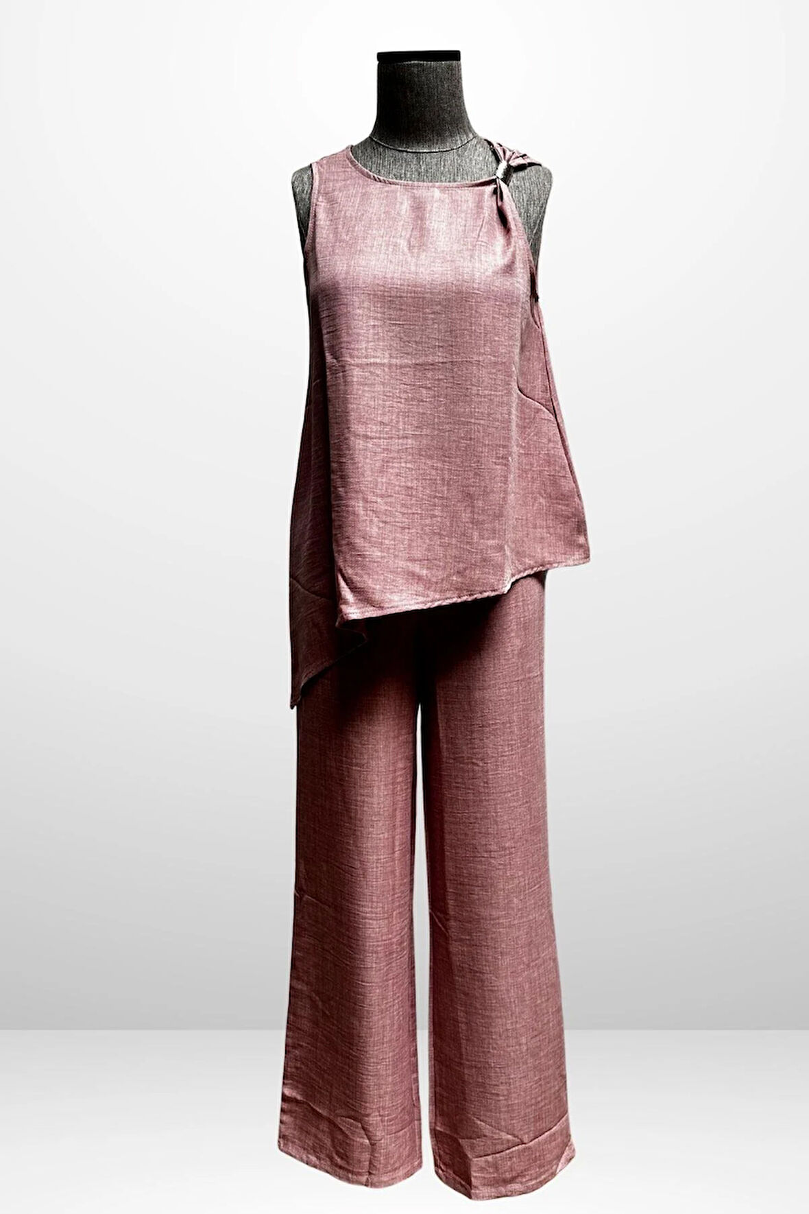 Kadın  Toka Detaylı Eteği Asimetrik Bluz Beli Lastikli Cepli Palazzo Pantolon Keten 2'li Takım