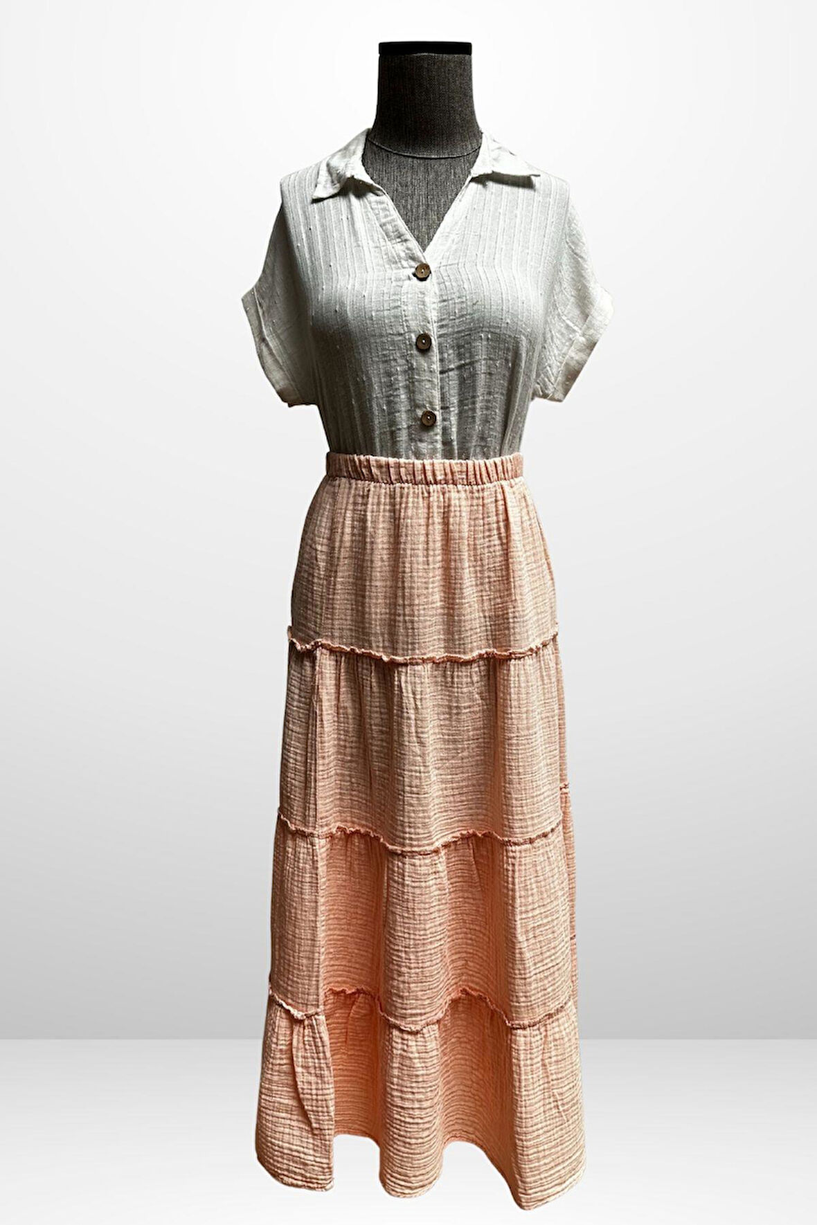 Kadın Beli Lastikli Katlı Müslin Uzun Etek