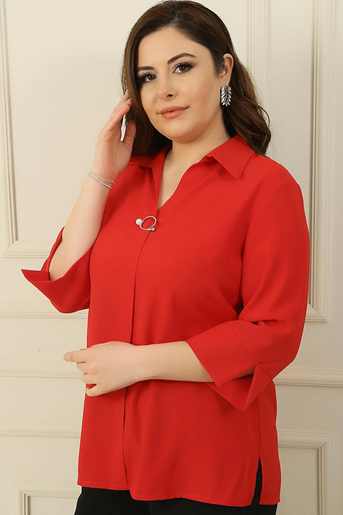 Polo Yaka  Çeyrek Kol Büyük Beden Bluz