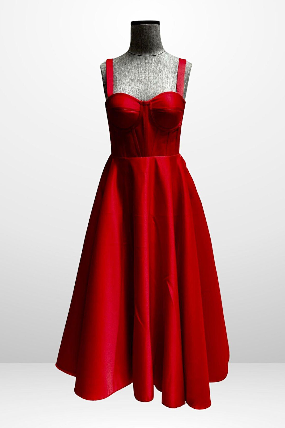 Kadın Askılı Sırtı İpli Korsajlı Saten Kloş Midi Elbise